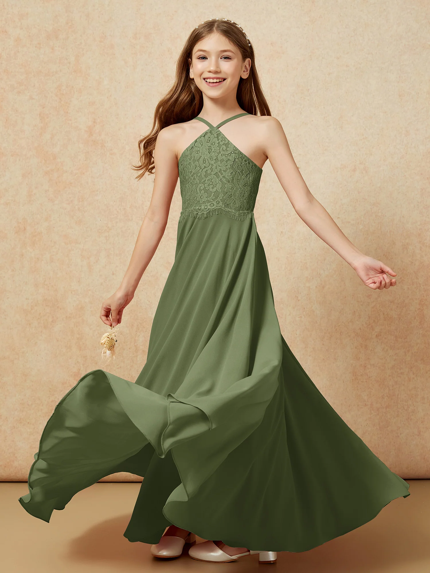 Halter Lace Top Long Chiffon Junior Bridesmaid Dress Olive Green - Image 6