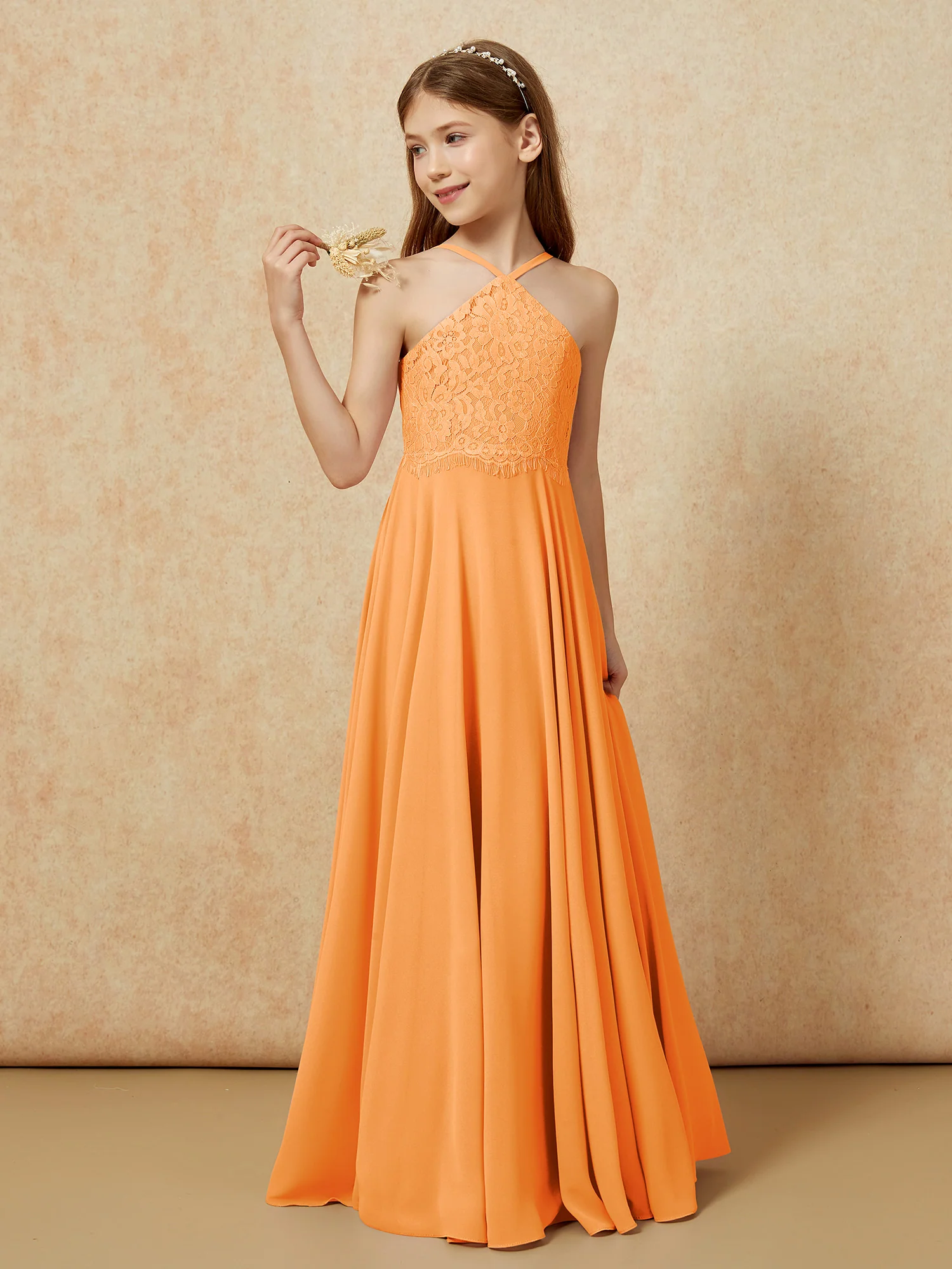 Halter Lace Top Long Chiffon Junior Bridesmaid Dress Orange - Image 3