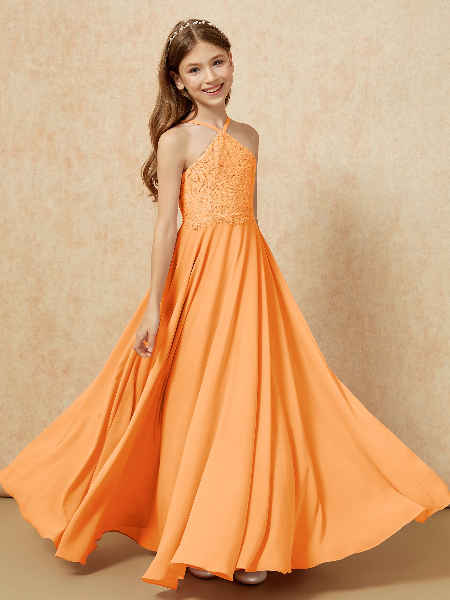 Halter Lace Top Long Chiffon Junior Bridesmaid Dress Orange - Image 4