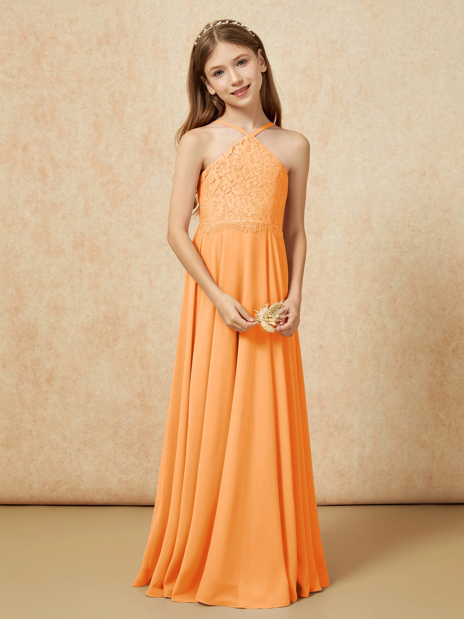 Halter Lace Top Long Chiffon Junior Bridesmaid Dress Orange - Image 5