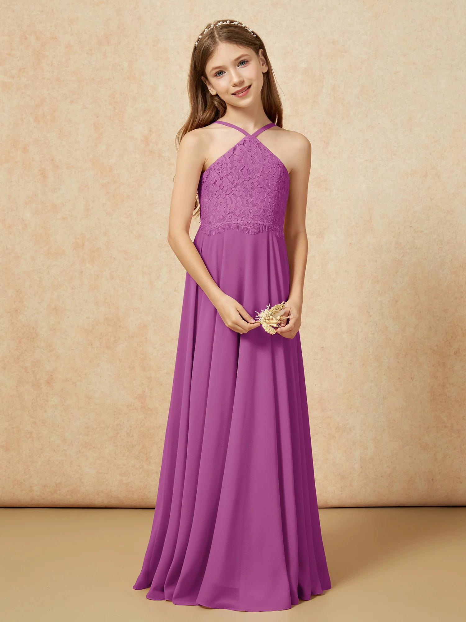 Halter Lace Top Long Chiffon Junior Bridesmaid Dress Orchid - Image 5