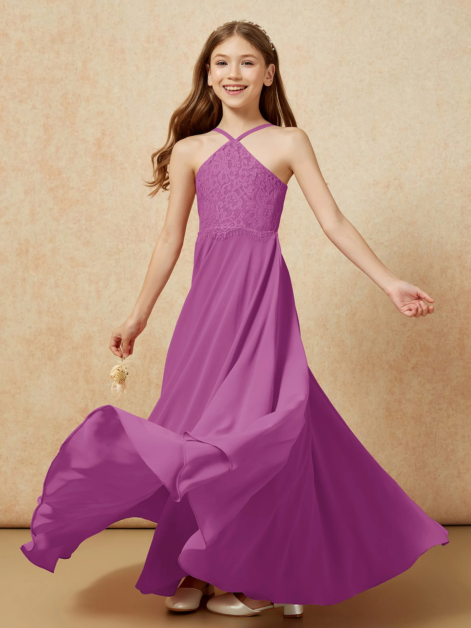 Halter Lace Top Long Chiffon Junior Bridesmaid Dress Orchid - Image 6