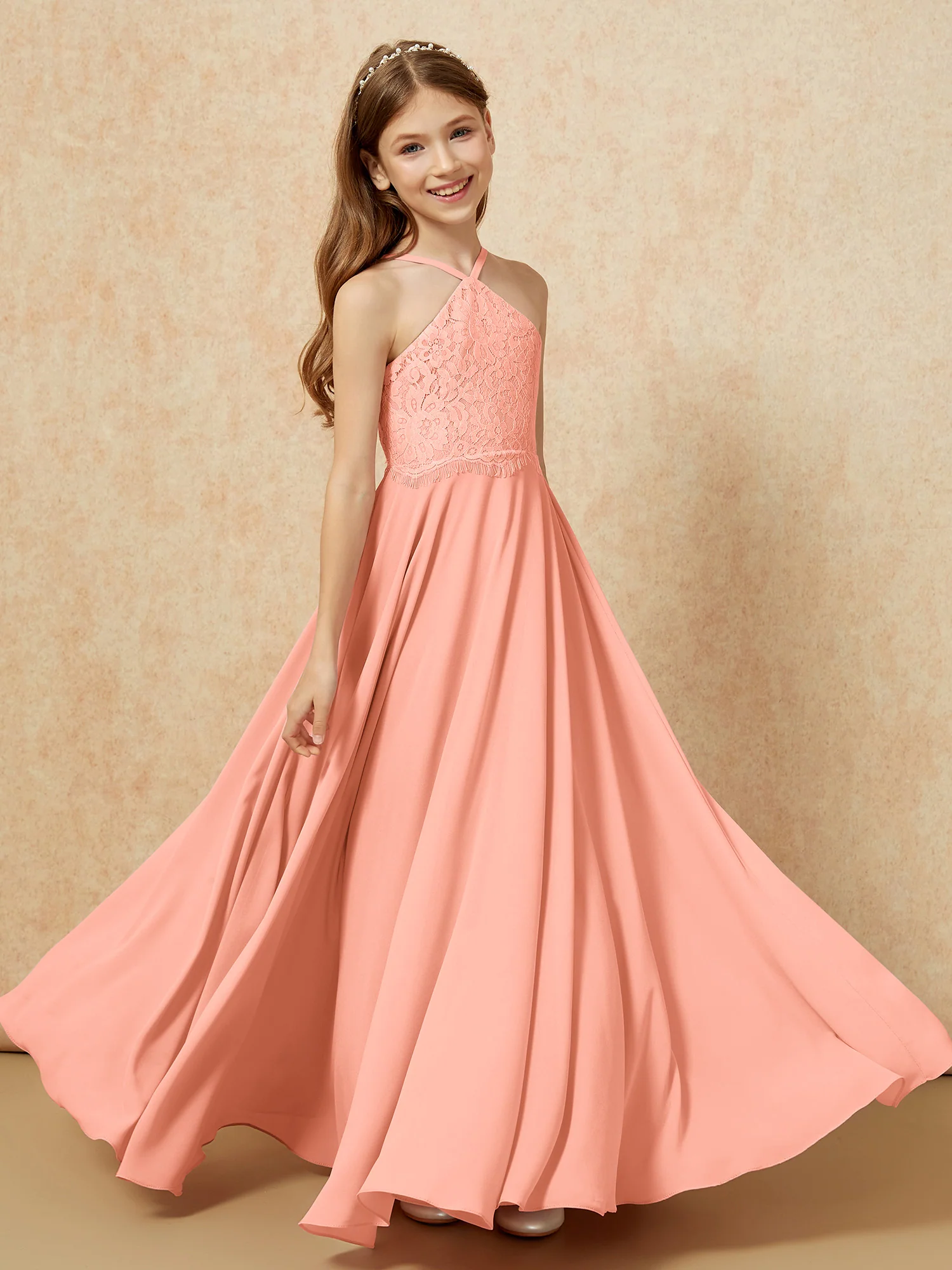 Halter Lace Top Long Chiffon Junior Bridesmaid Dress Papaya - Image 4