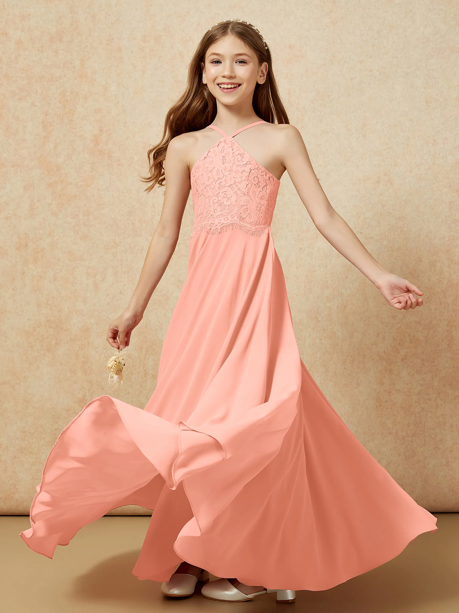 Halter Lace Top Long Chiffon Junior Bridesmaid Dress Papaya - Image 6