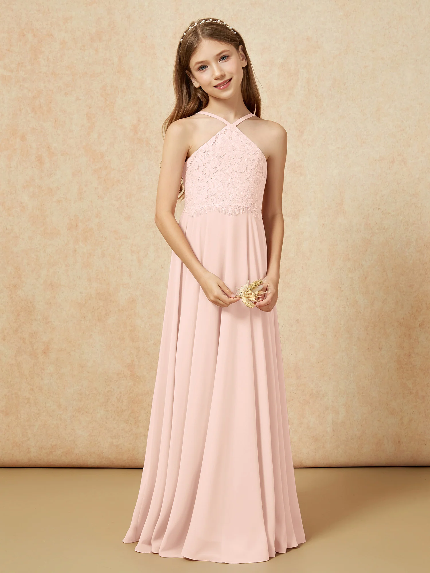 Halter Lace Top Long Chiffon Junior Bridesmaid Dress Pearl Pink - Image 5