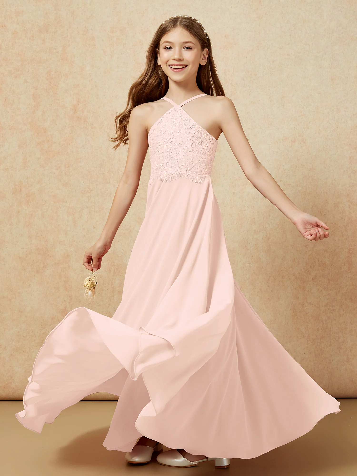 Halter Lace Top Long Chiffon Junior Bridesmaid Dress Pearl Pink - Image 6
