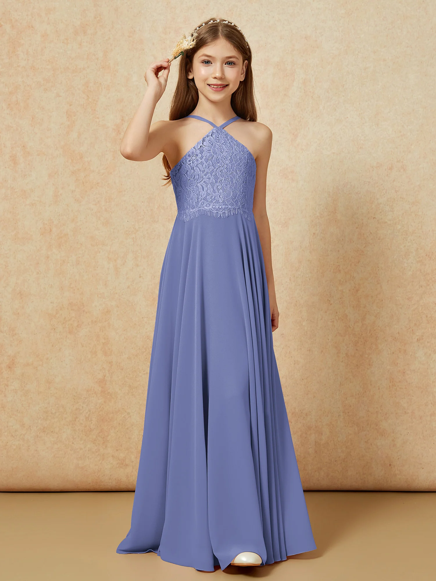 Halter Lace Top Long Chiffon Junior Bridesmaid Dress Periwinkle