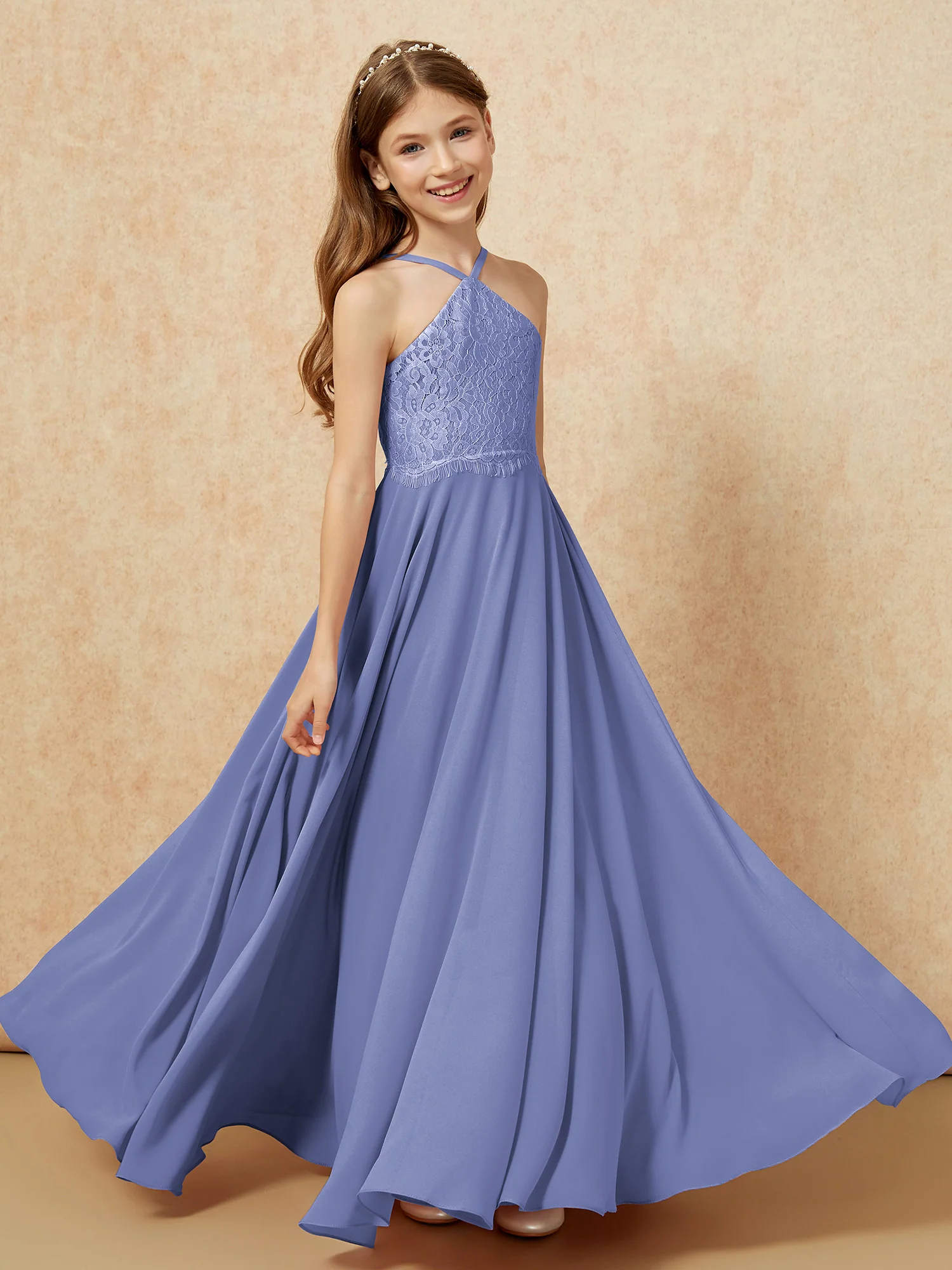 Halter Lace Top Long Chiffon Junior Bridesmaid Dress Periwinkle - Image 4