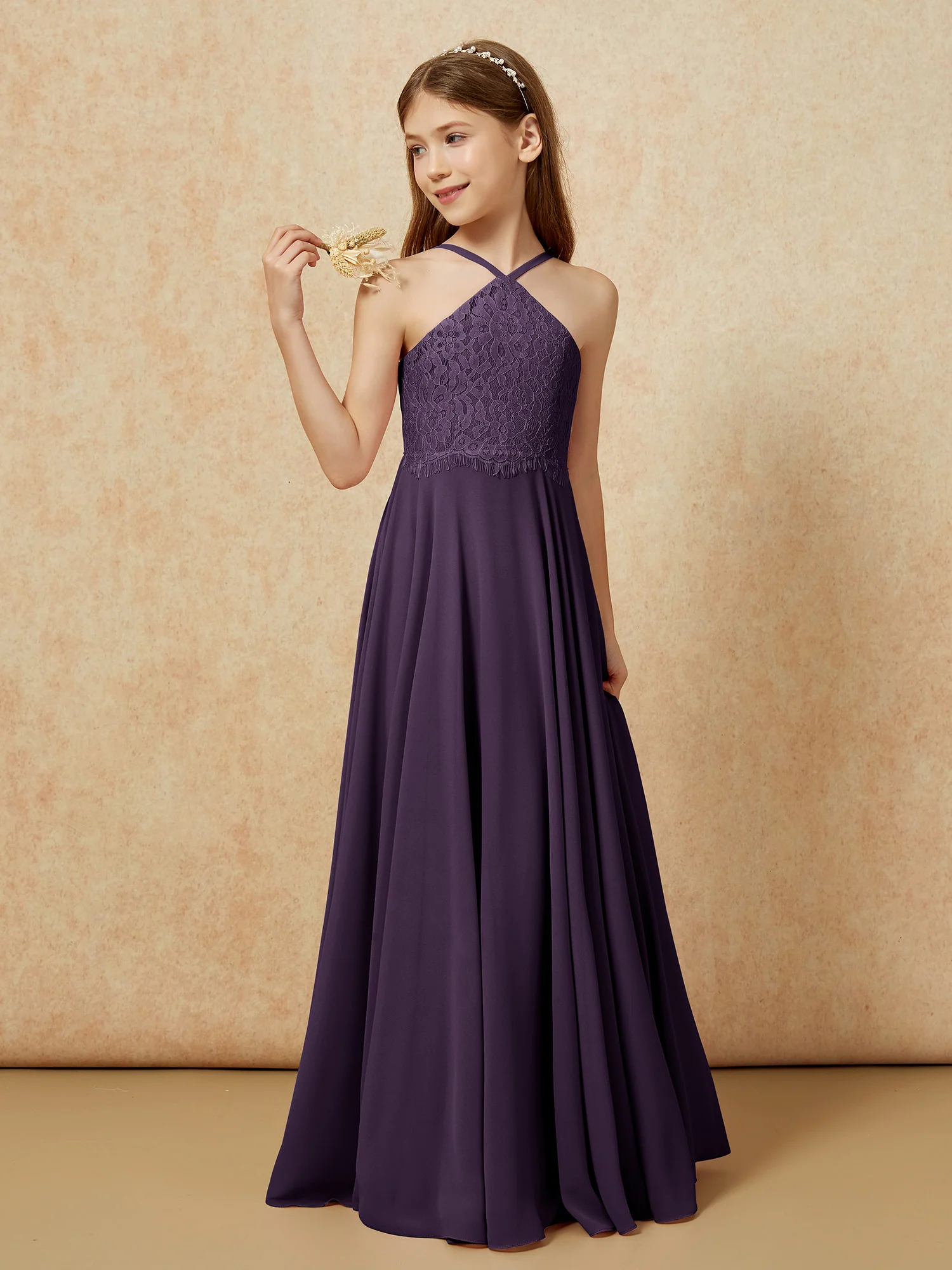 Halter Lace Top Long Chiffon Junior Bridesmaid Dress Plum - Image 3