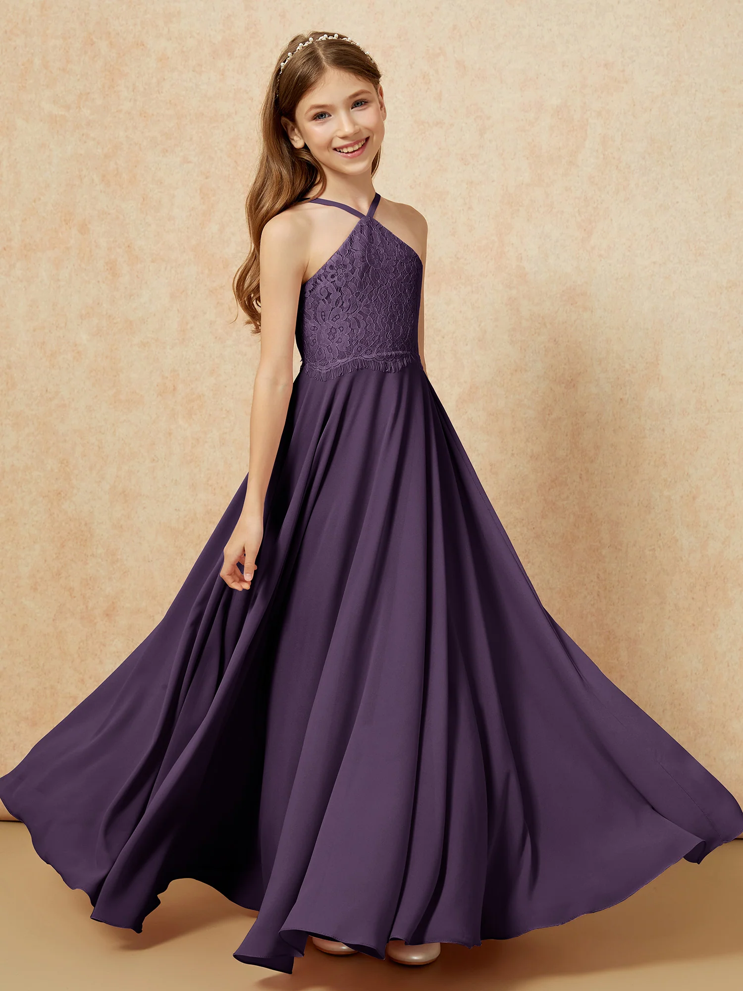 Halter Lace Top Long Chiffon Junior Bridesmaid Dress Plum - Image 4