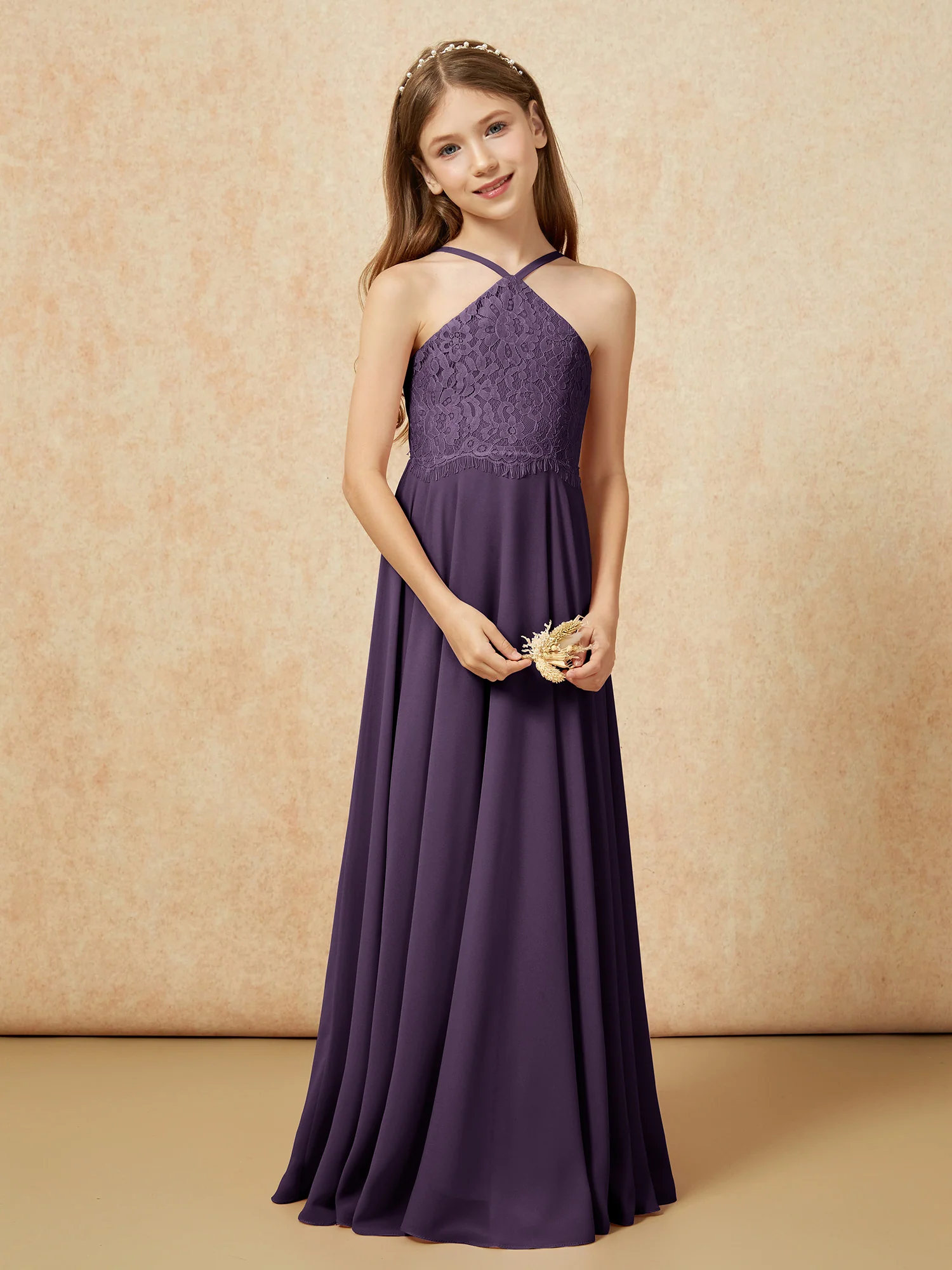 Halter Lace Top Long Chiffon Junior Bridesmaid Dress Plum - Image 5