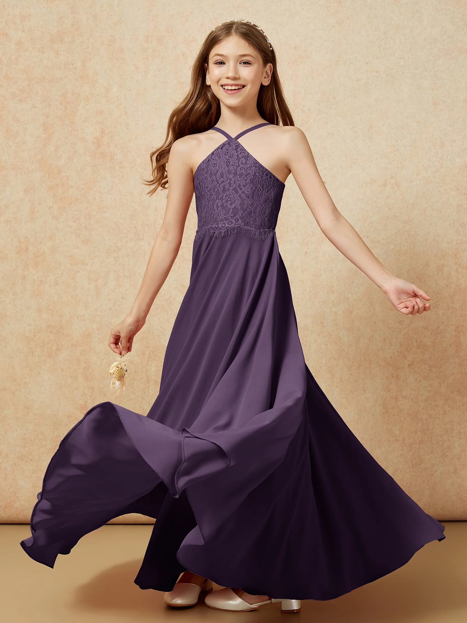 Halter Lace Top Long Chiffon Junior Bridesmaid Dress Plum - Image 6