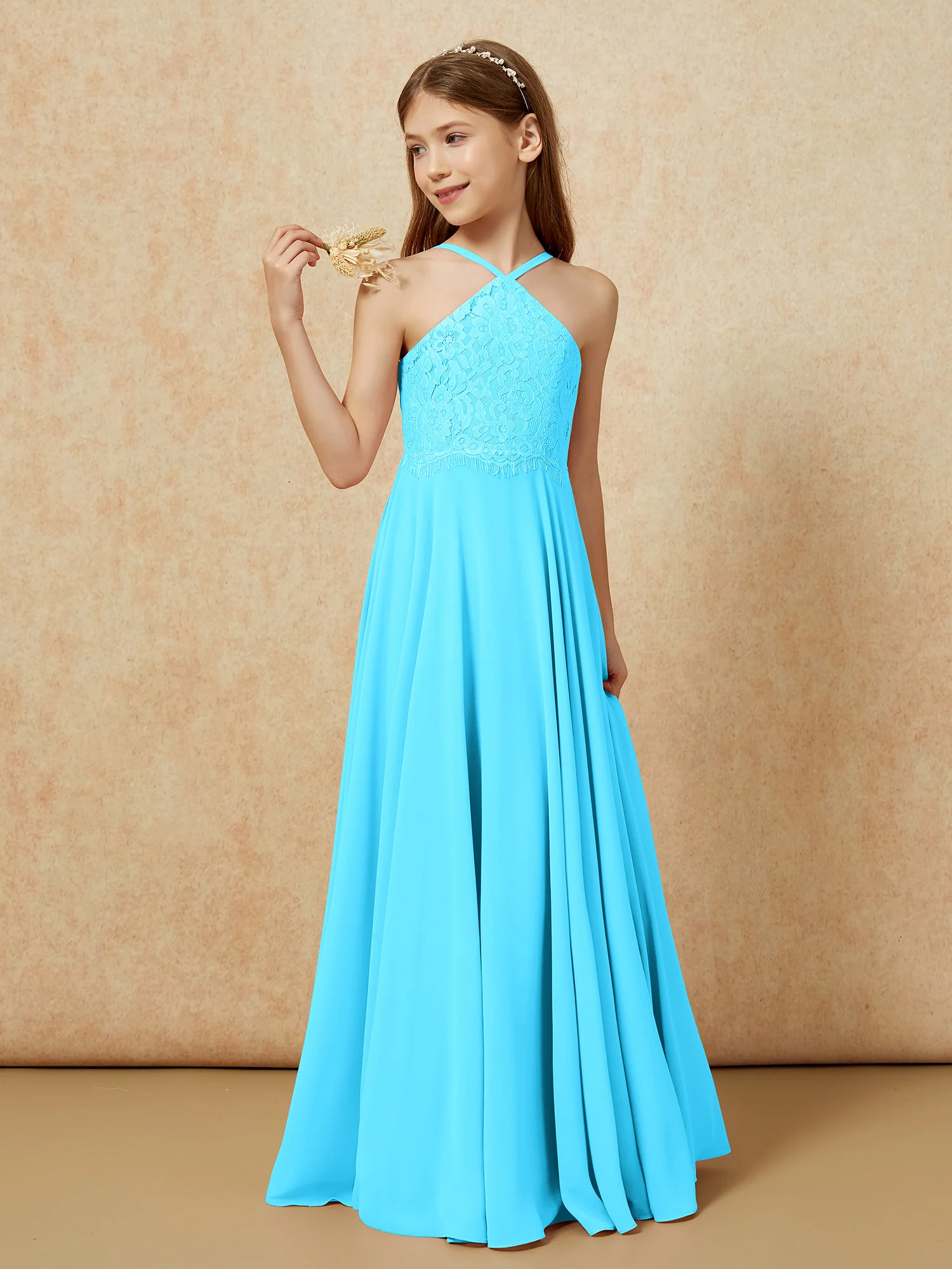 Halter Lace Top Long Chiffon Junior Bridesmaid Dress Pool - Image 3