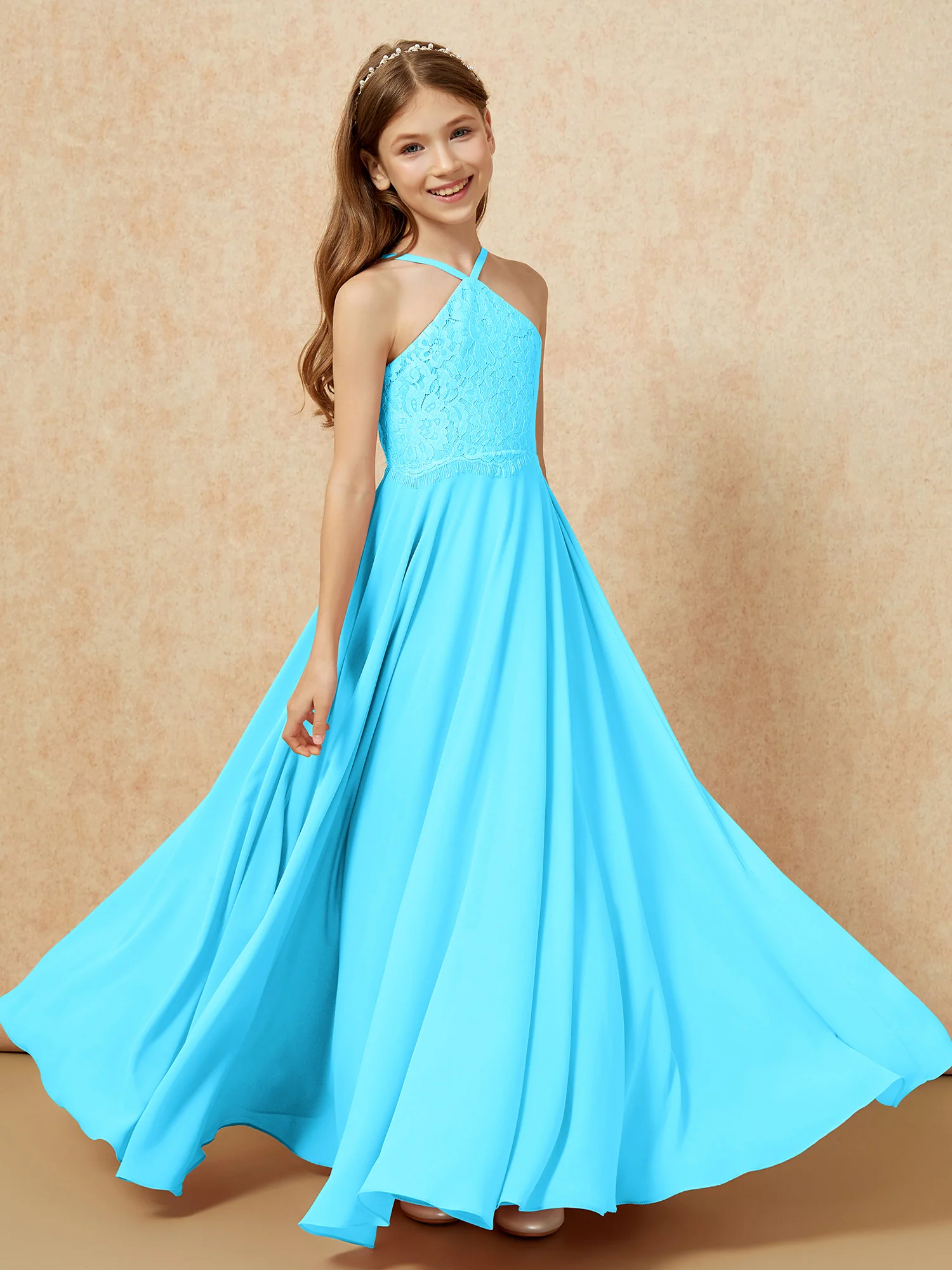 Halter Lace Top Long Chiffon Junior Bridesmaid Dress Pool - Image 4