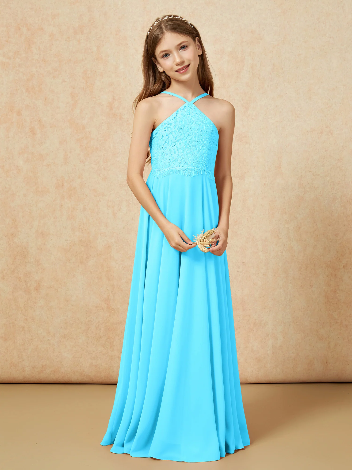 Halter Lace Top Long Chiffon Junior Bridesmaid Dress Pool - Image 5