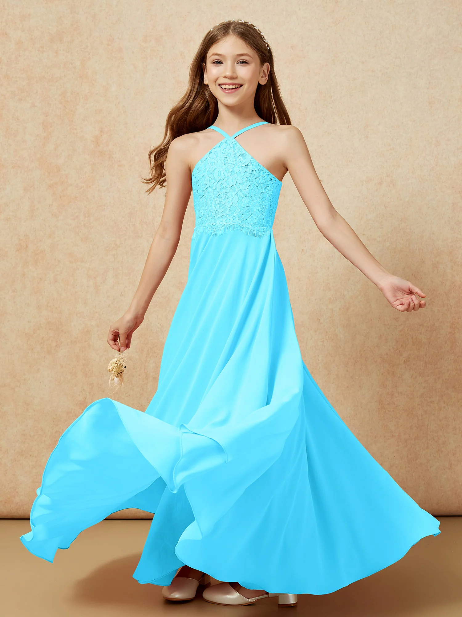 Halter Lace Top Long Chiffon Junior Bridesmaid Dress Pool - Image 6