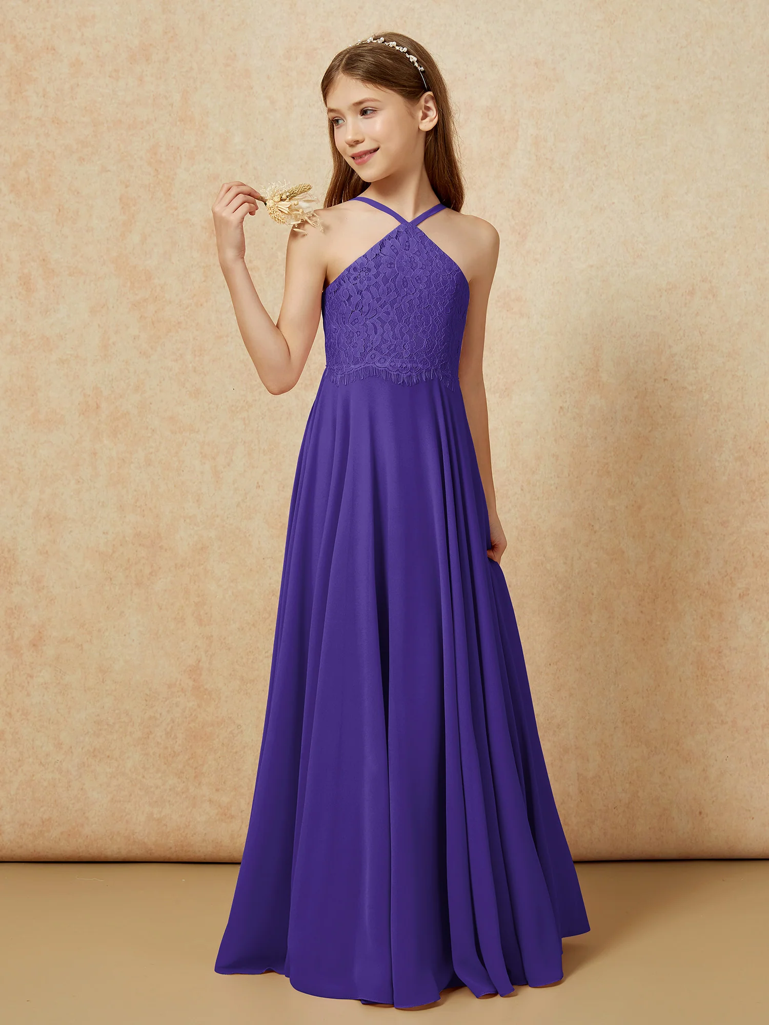 Halter Lace Top Long Chiffon Junior Bridesmaid Dress Regency - Image 3