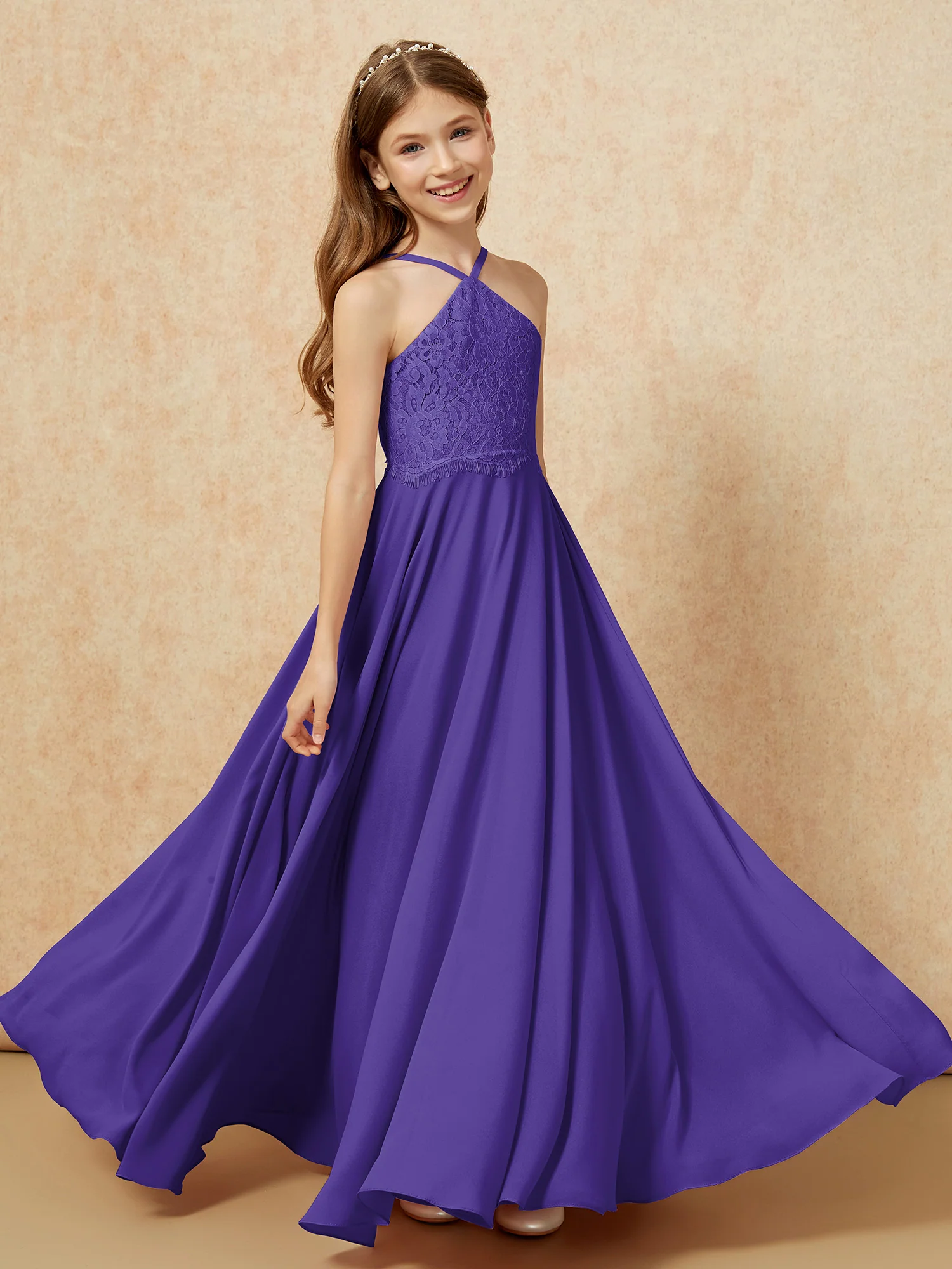 Halter Lace Top Long Chiffon Junior Bridesmaid Dress Regency - Image 4