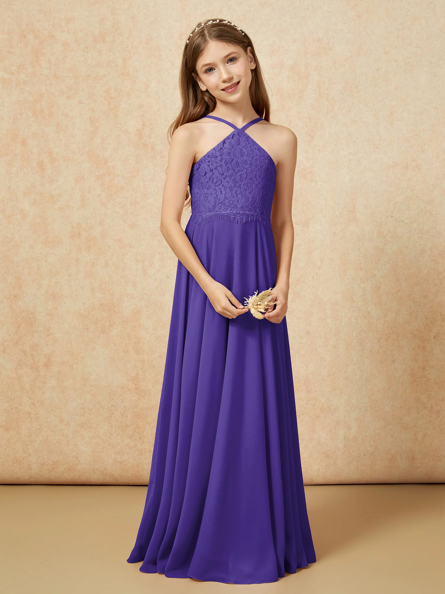 Halter Lace Top Long Chiffon Junior Bridesmaid Dress Regency - Image 5