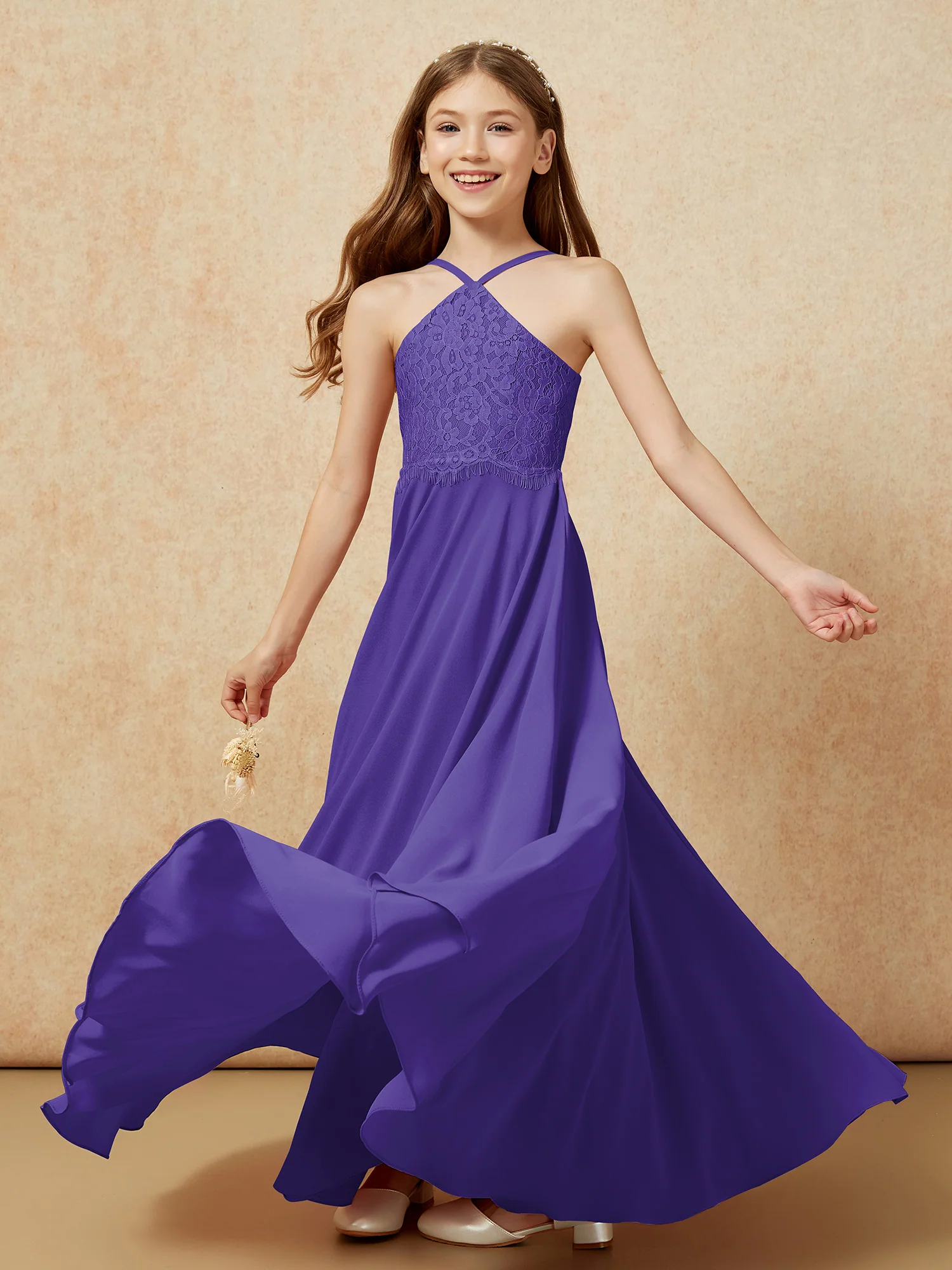 Halter Lace Top Long Chiffon Junior Bridesmaid Dress Regency - Image 6