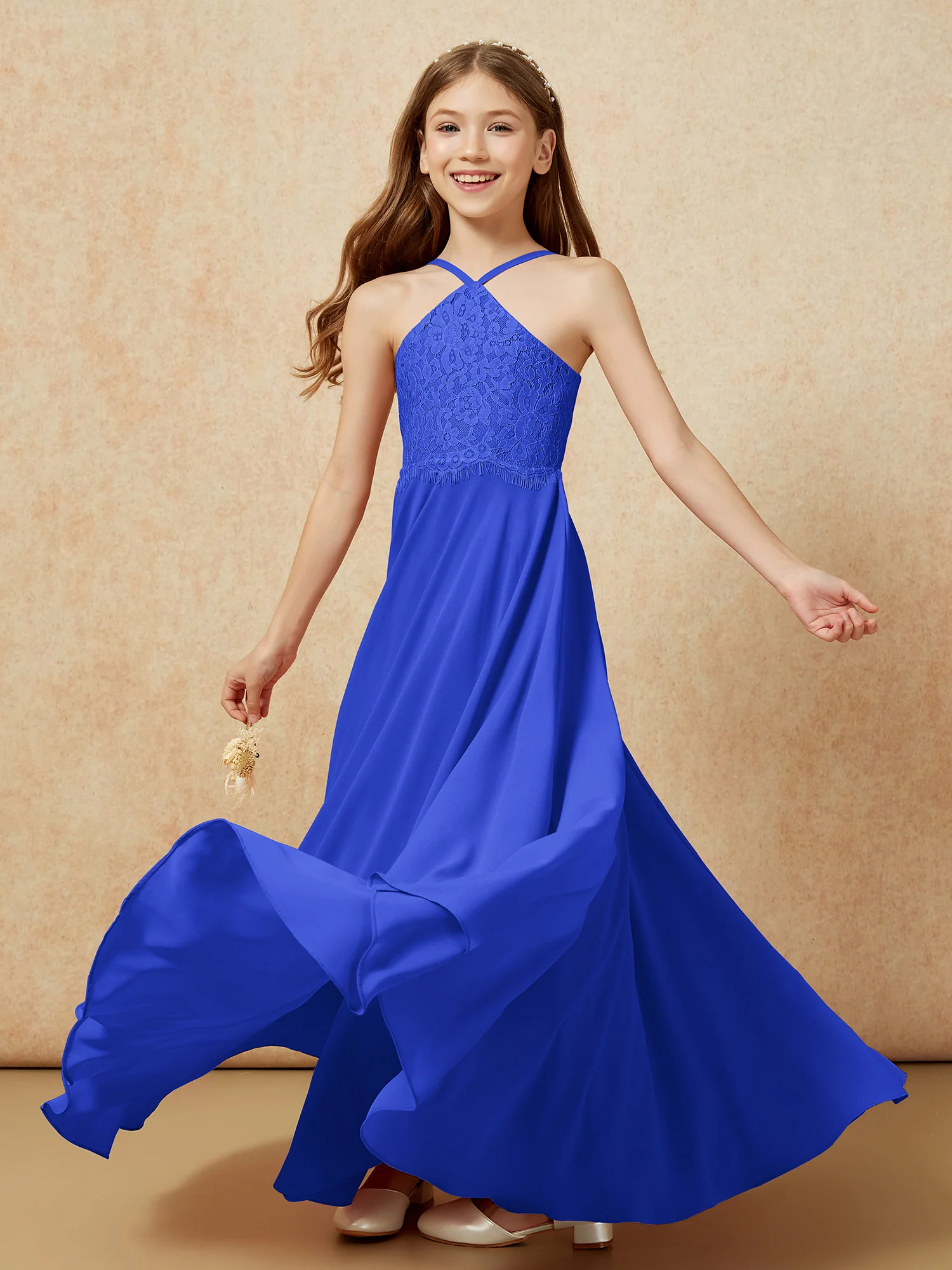 Halter Lace Top Long Chiffon Junior Bridesmaid Dress Royal Blue - Image 6