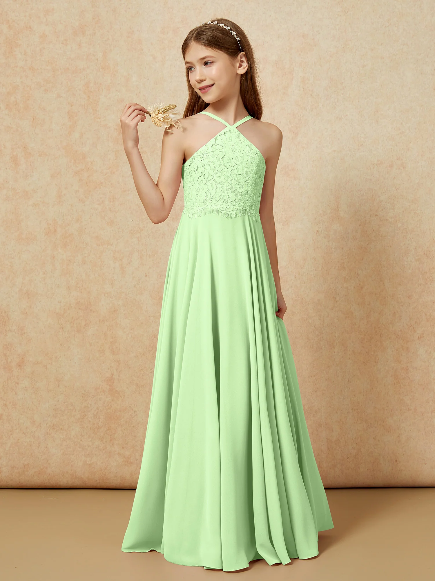Halter Lace Top Long Chiffon Junior Bridesmaid Dress Sage - Image 3