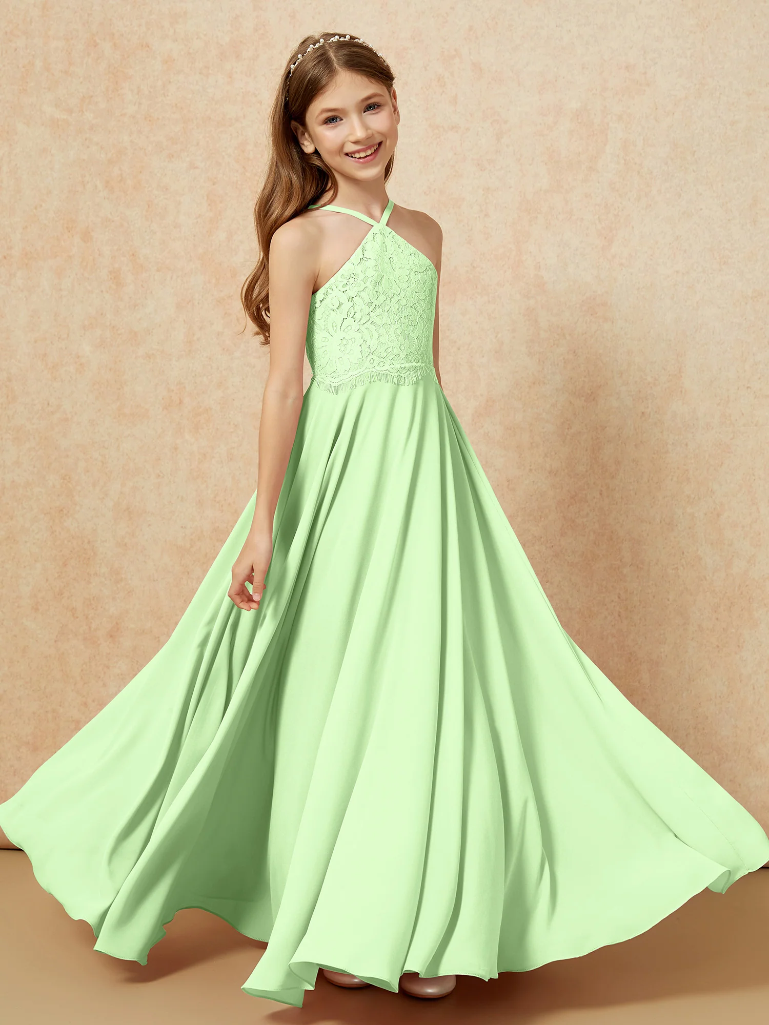 Halter Lace Top Long Chiffon Junior Bridesmaid Dress Sage - Image 4
