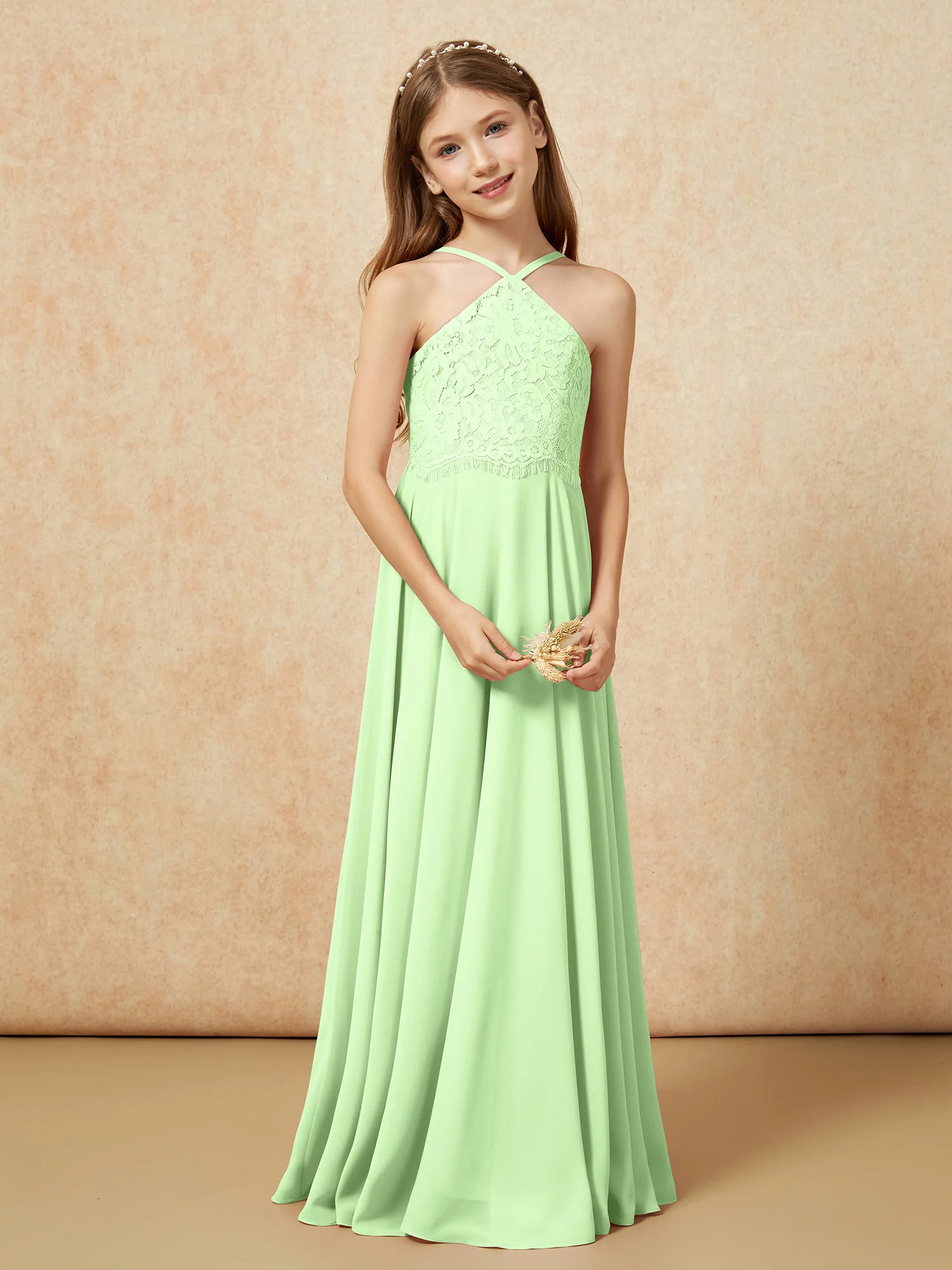 Halter Lace Top Long Chiffon Junior Bridesmaid Dress Sage - Image 5