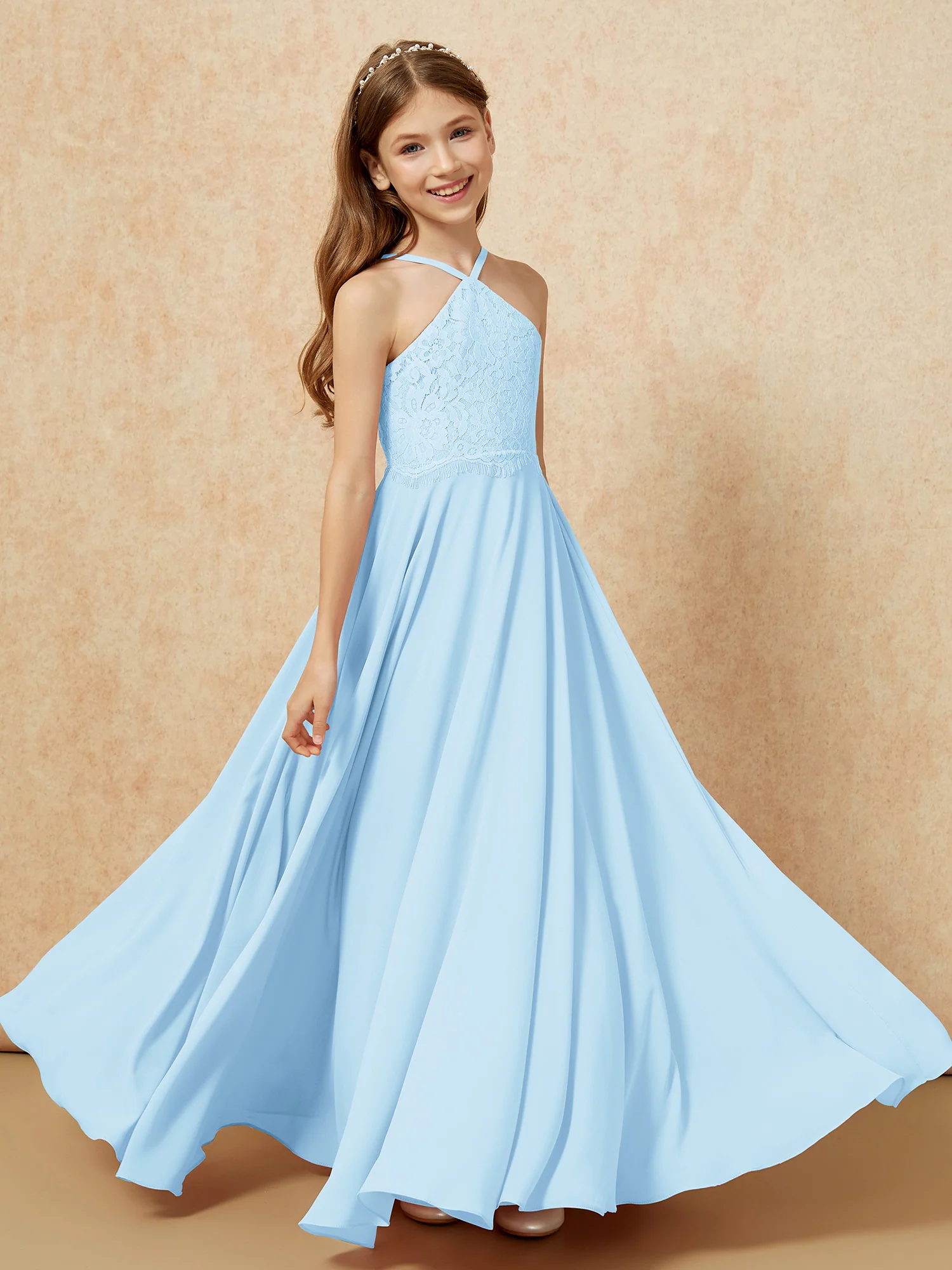 Halter Lace Top Long Chiffon Junior Bridesmaid Dress Sky Blue - Image 4