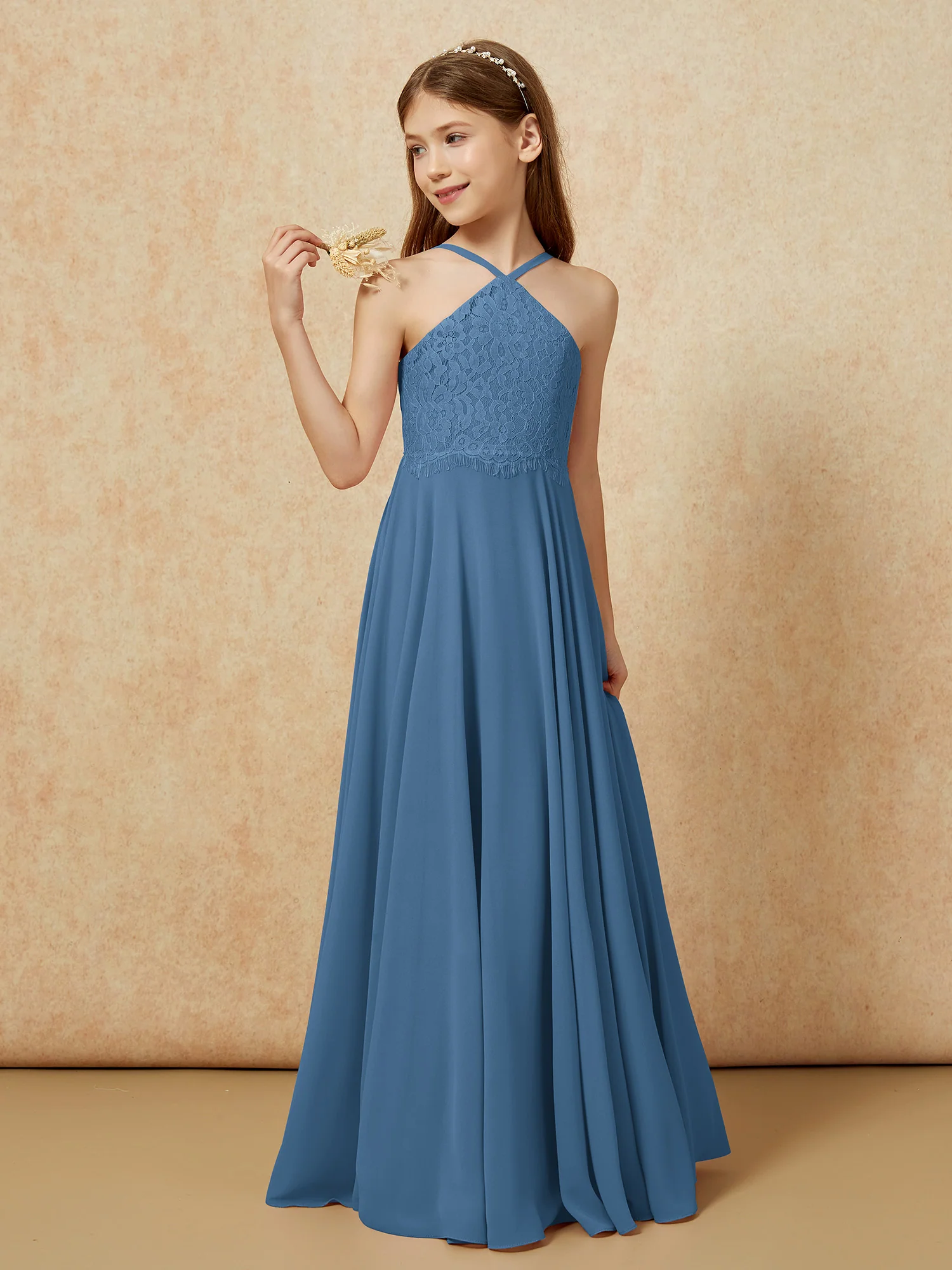 Halter Lace Top Long Chiffon Junior Bridesmaid Dress Slate Blue - Image 3