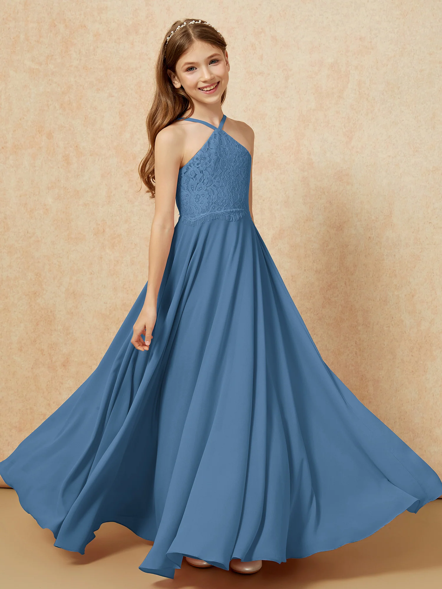 Halter Lace Top Long Chiffon Junior Bridesmaid Dress Slate Blue - Image 4