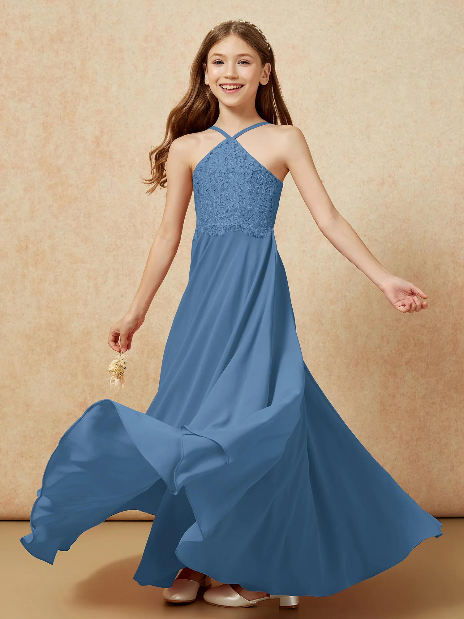 Halter Lace Top Long Chiffon Junior Bridesmaid Dress Slate Blue - Image 6