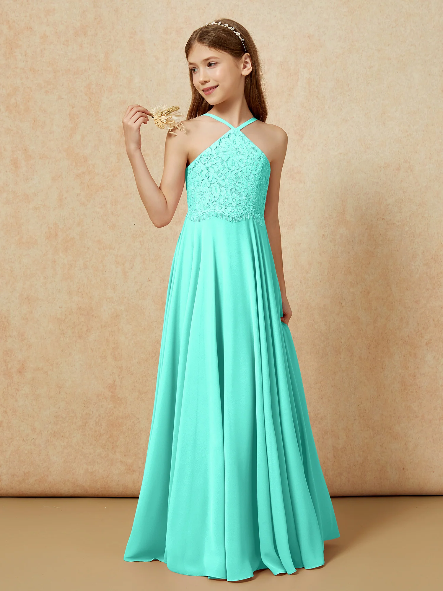 Halter Lace Top Long Chiffon Junior Bridesmaid Dress Spa - Image 3