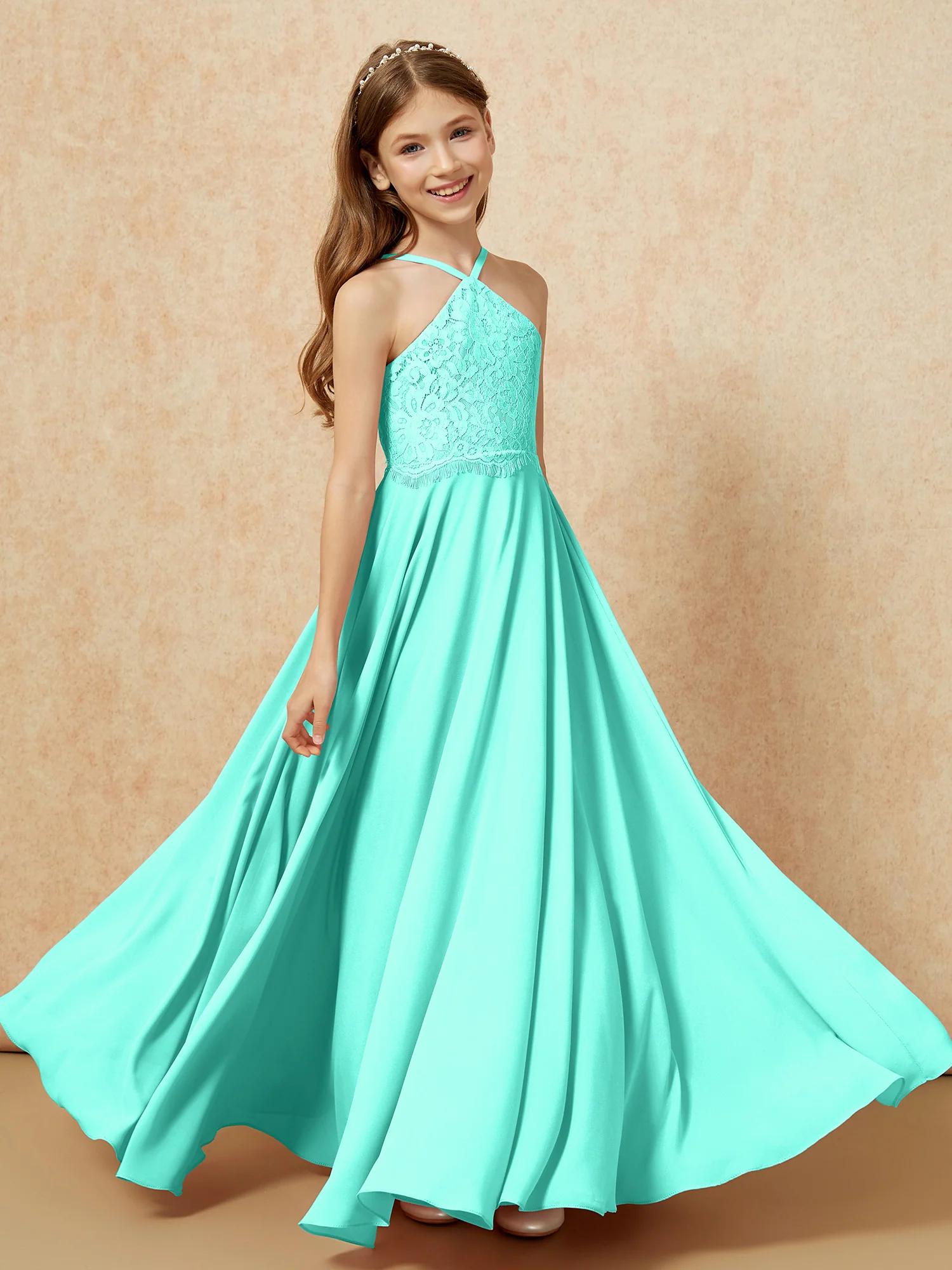 Halter Lace Top Long Chiffon Junior Bridesmaid Dress Spa - Image 4