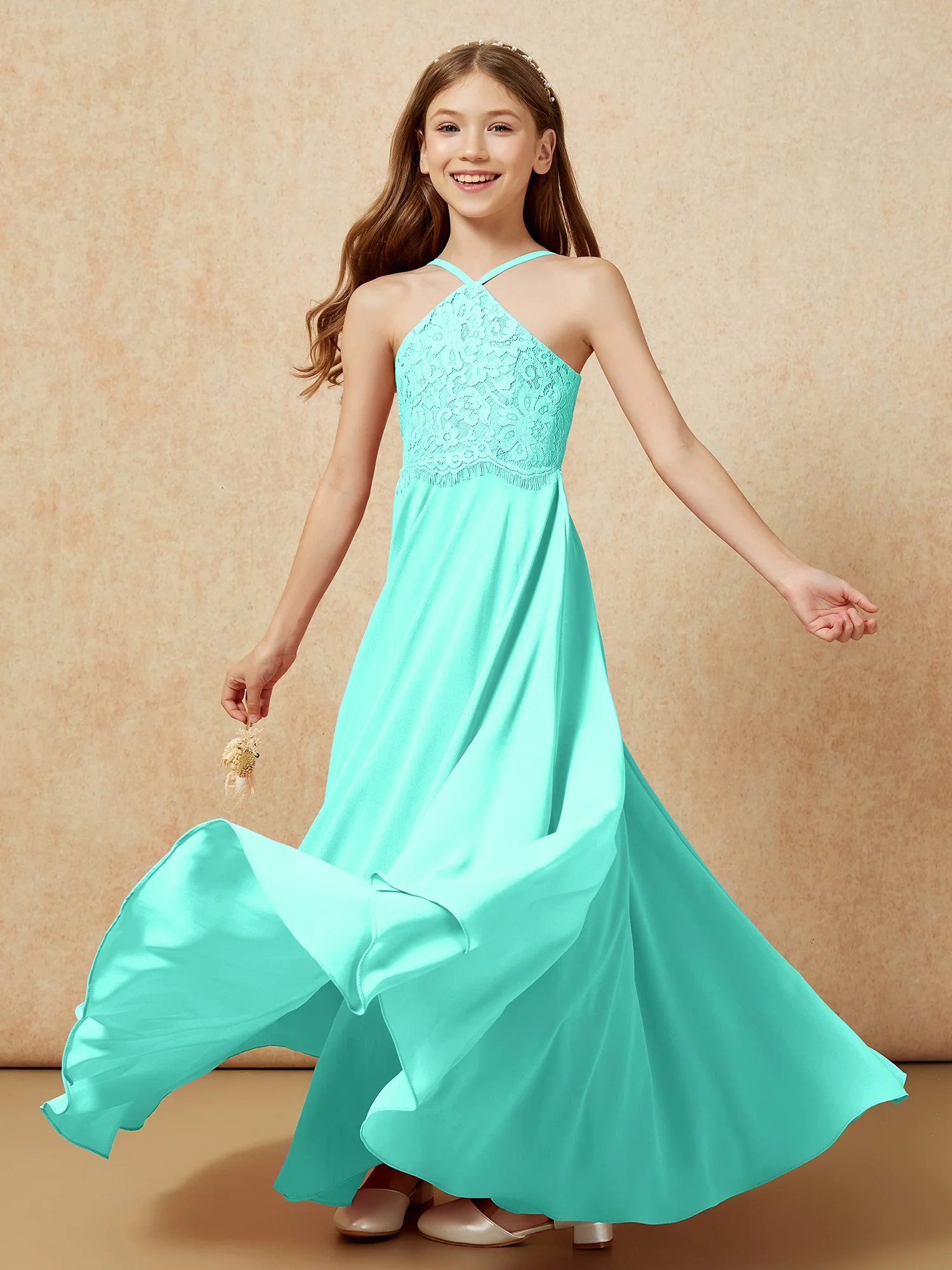 Halter Lace Top Long Chiffon Junior Bridesmaid Dress Spa - Image 6