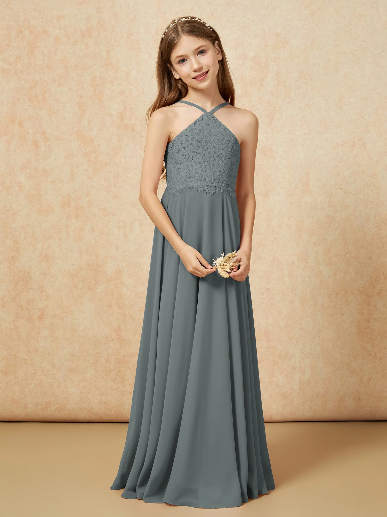 Halter Lace Top Long Chiffon Junior Bridesmaid Dress Steel Grey - Image 5