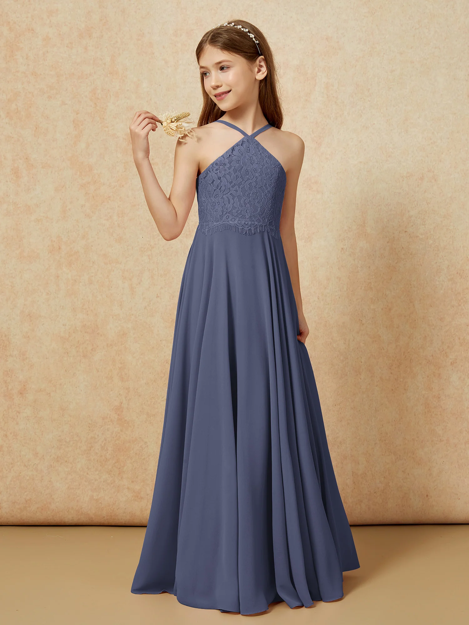 Halter Lace Top Long Chiffon Junior Bridesmaid Dress Stormy - Image 3