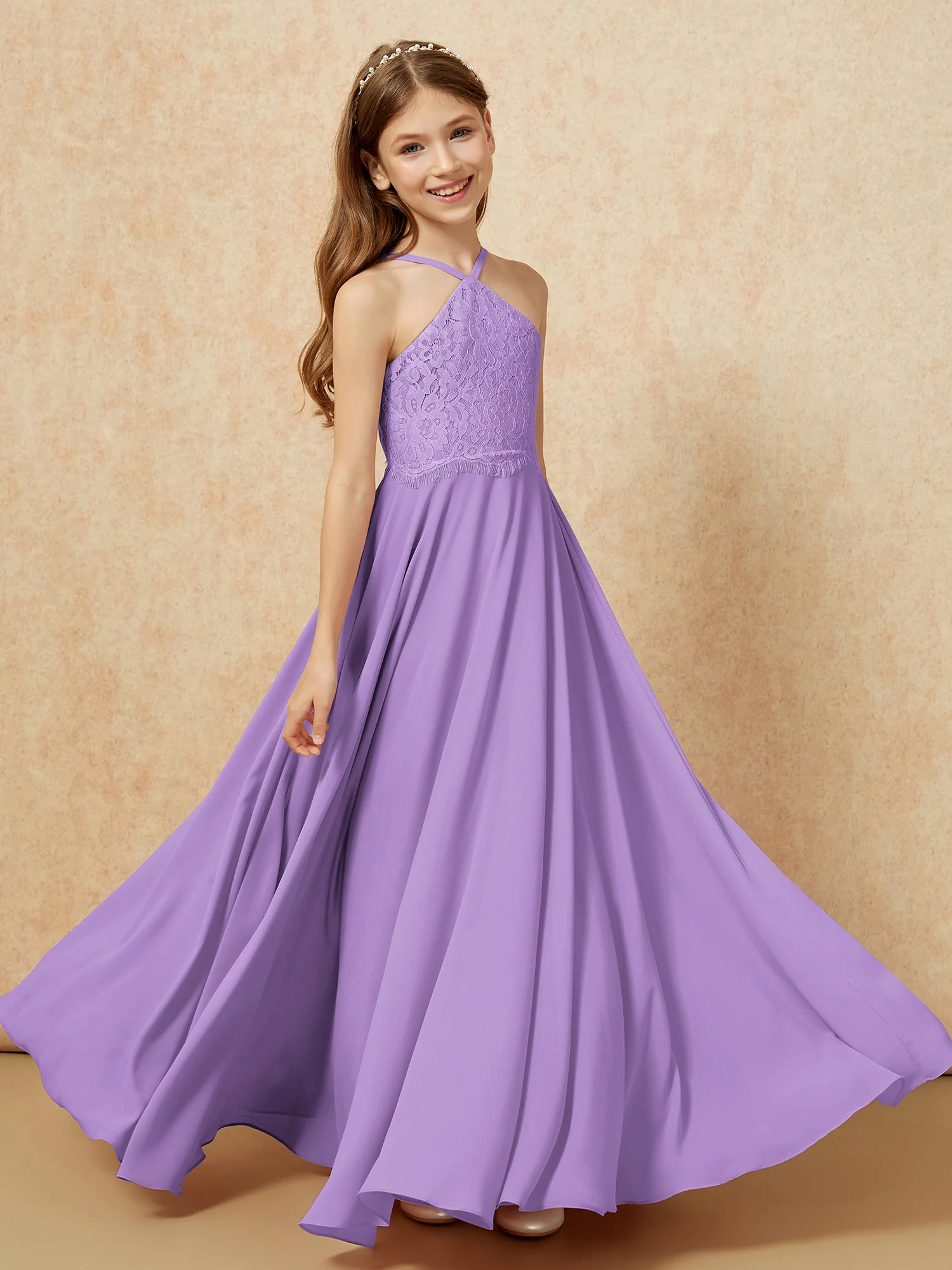 Halter Lace Top Long Chiffon Junior Bridesmaid Dress Tahiti - Image 4