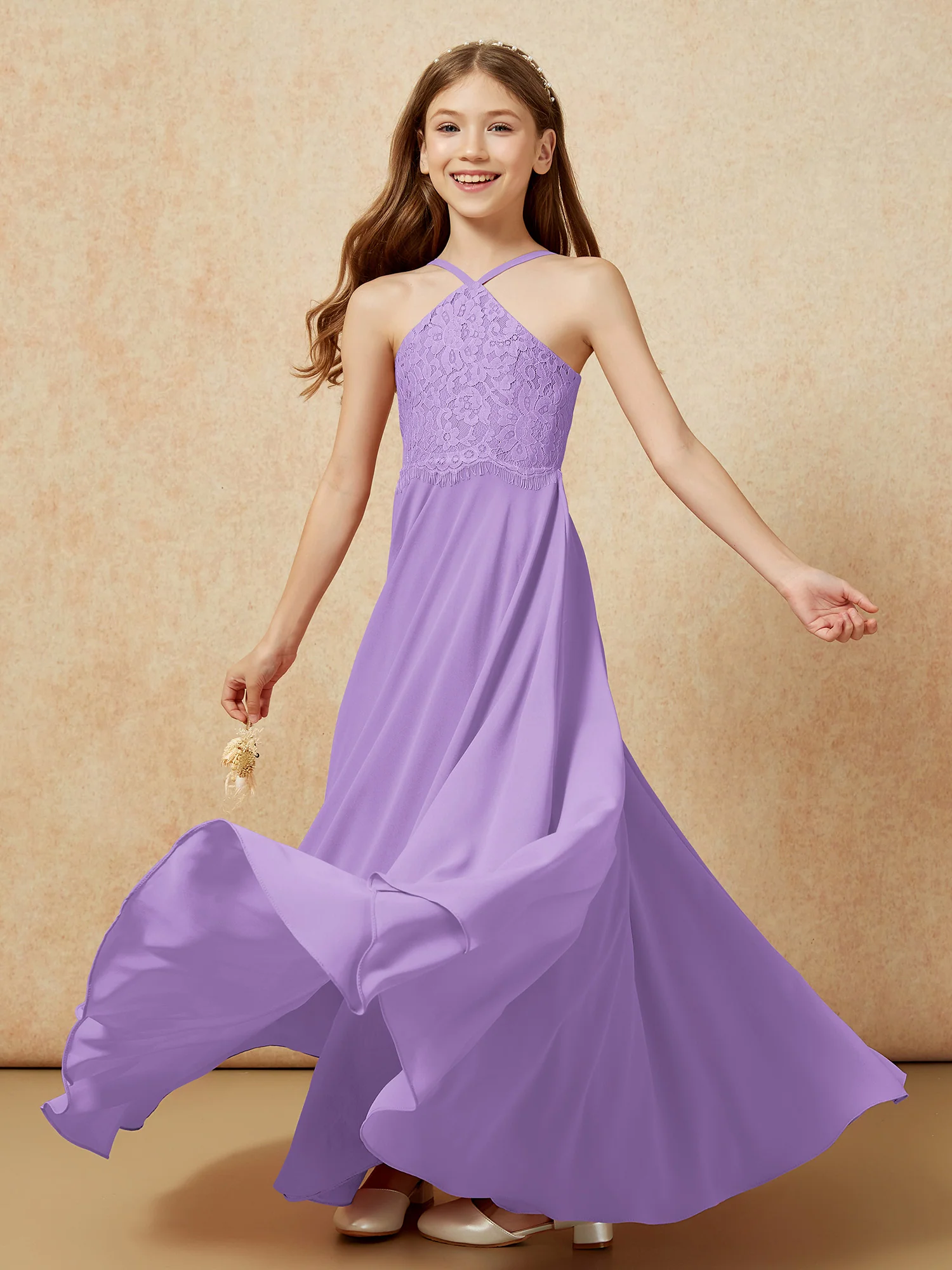 Halter Lace Top Long Chiffon Junior Bridesmaid Dress Tahiti - Image 6