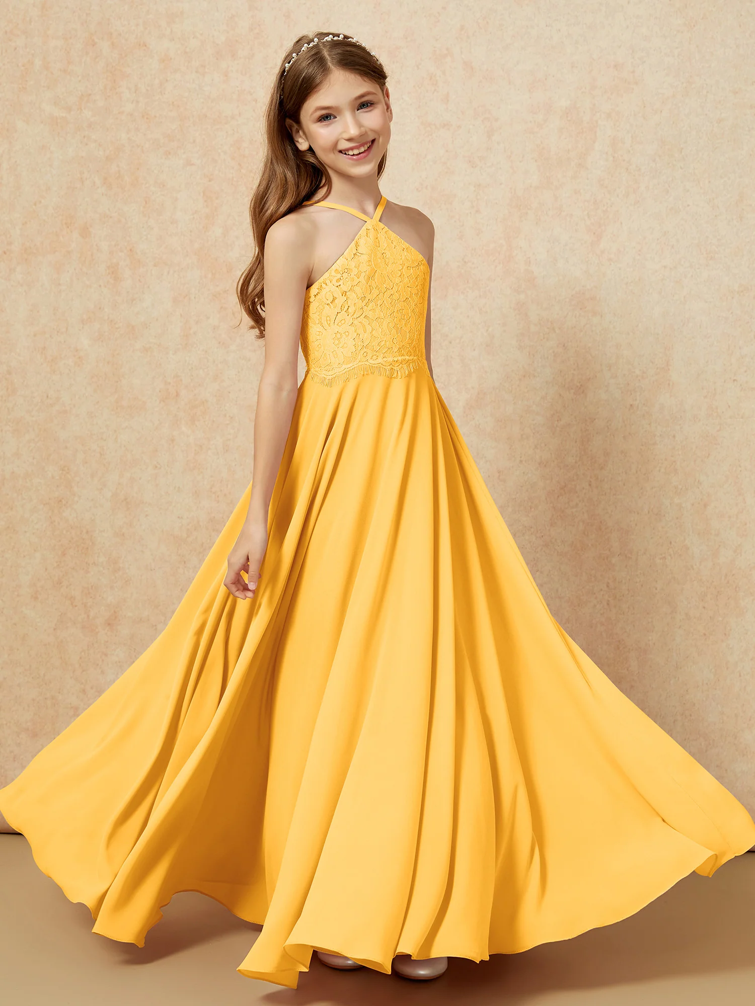 Halter Lace Top Long Chiffon Junior Bridesmaid Dress Tangerine - Image 4