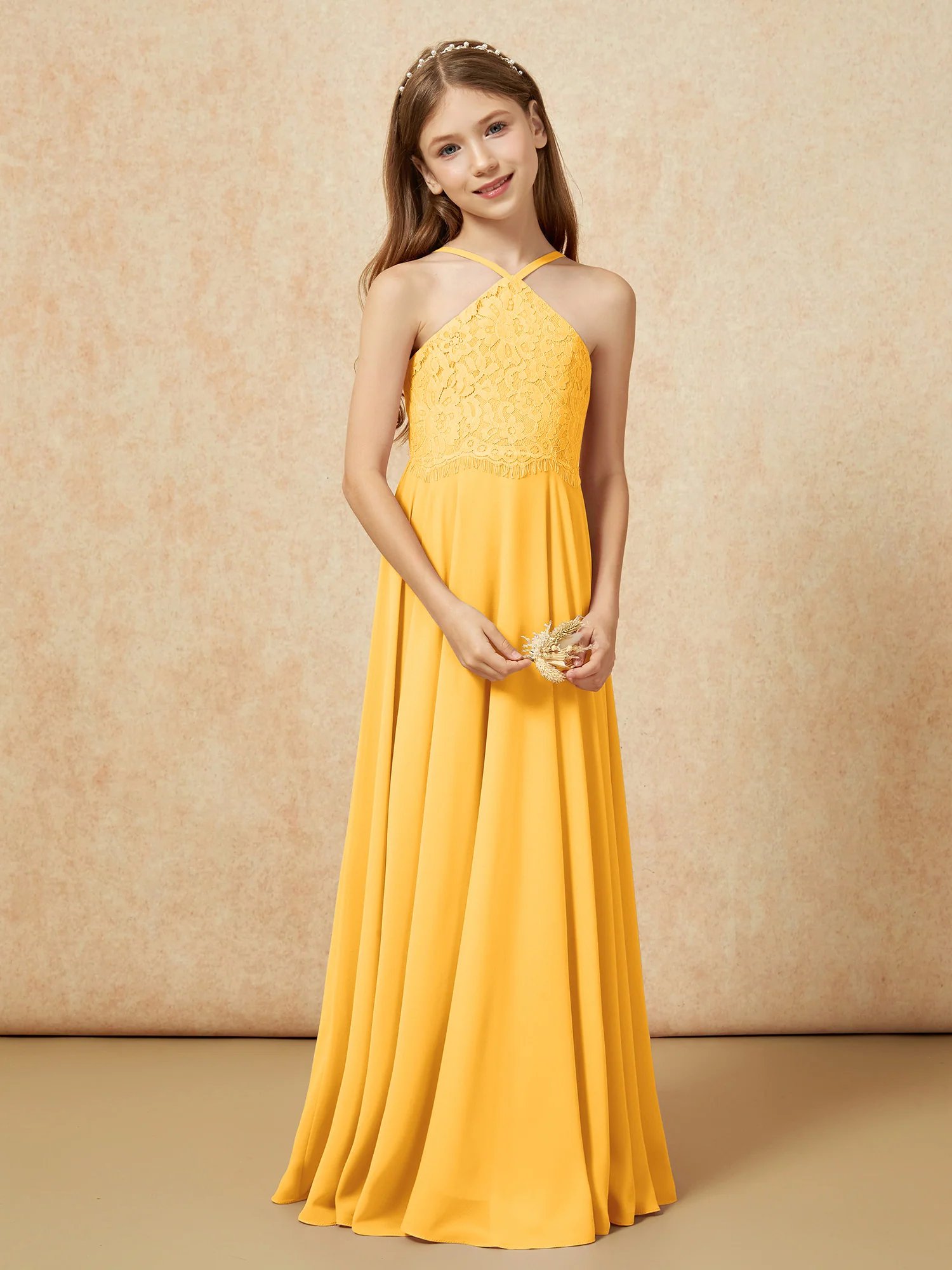 Halter Lace Top Long Chiffon Junior Bridesmaid Dress Tangerine - Image 5