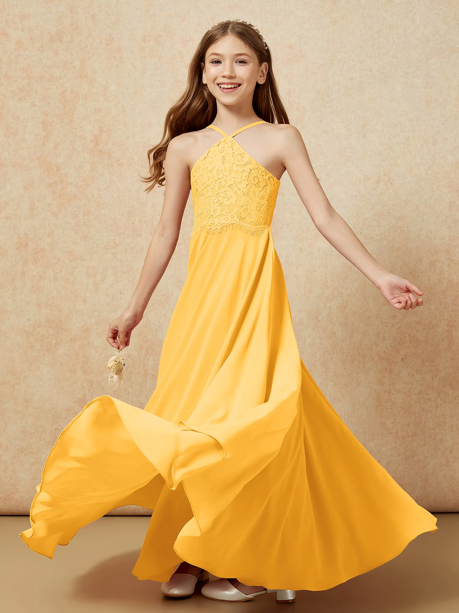Halter Lace Top Long Chiffon Junior Bridesmaid Dress Tangerine - Image 6