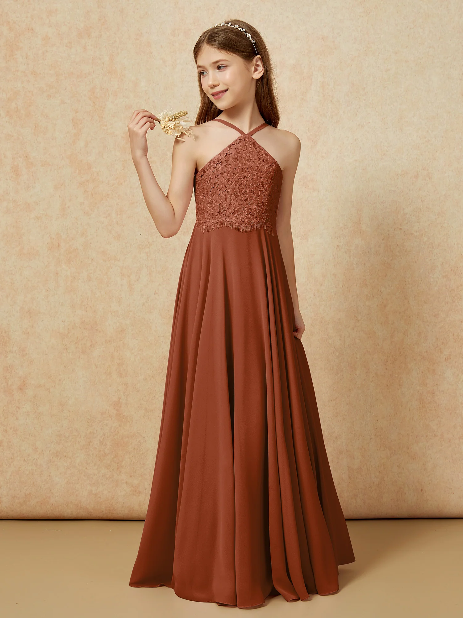 Halter Lace Top Long Chiffon Junior Bridesmaid Dress Terracotta - Image 3