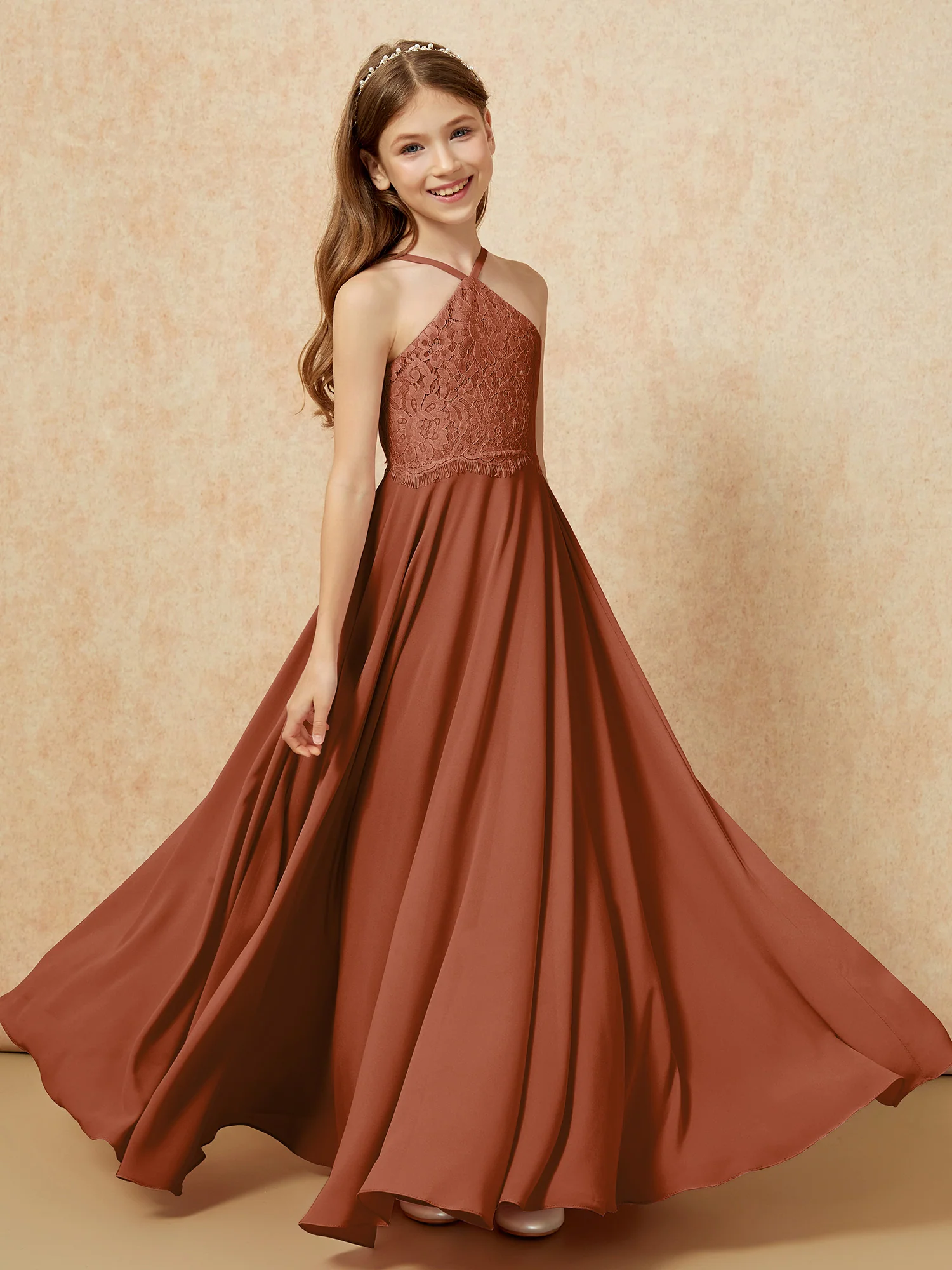 Halter Lace Top Long Chiffon Junior Bridesmaid Dress Terracotta - Image 4