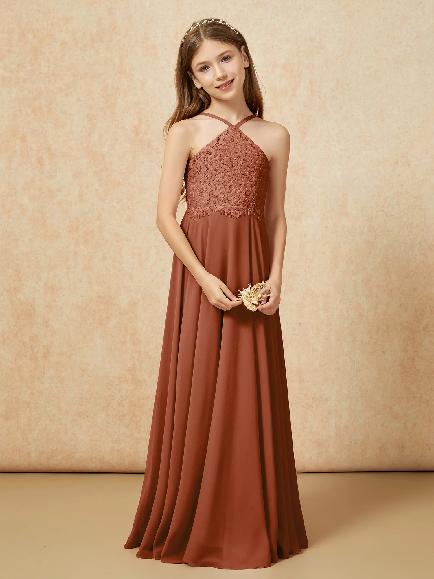 Halter Lace Top Long Chiffon Junior Bridesmaid Dress Terracotta - Image 5