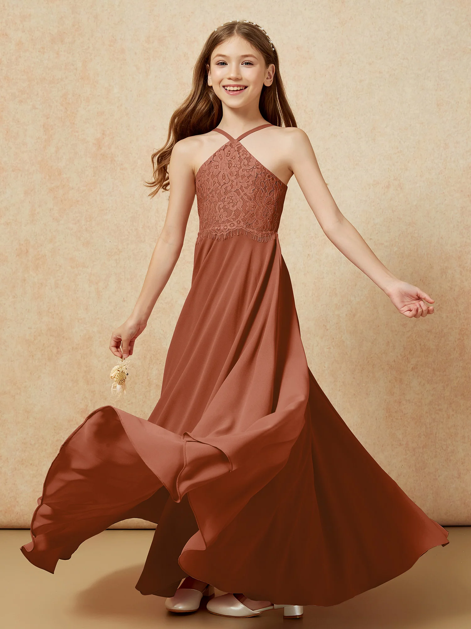 Halter Lace Top Long Chiffon Junior Bridesmaid Dress Terracotta - Image 6