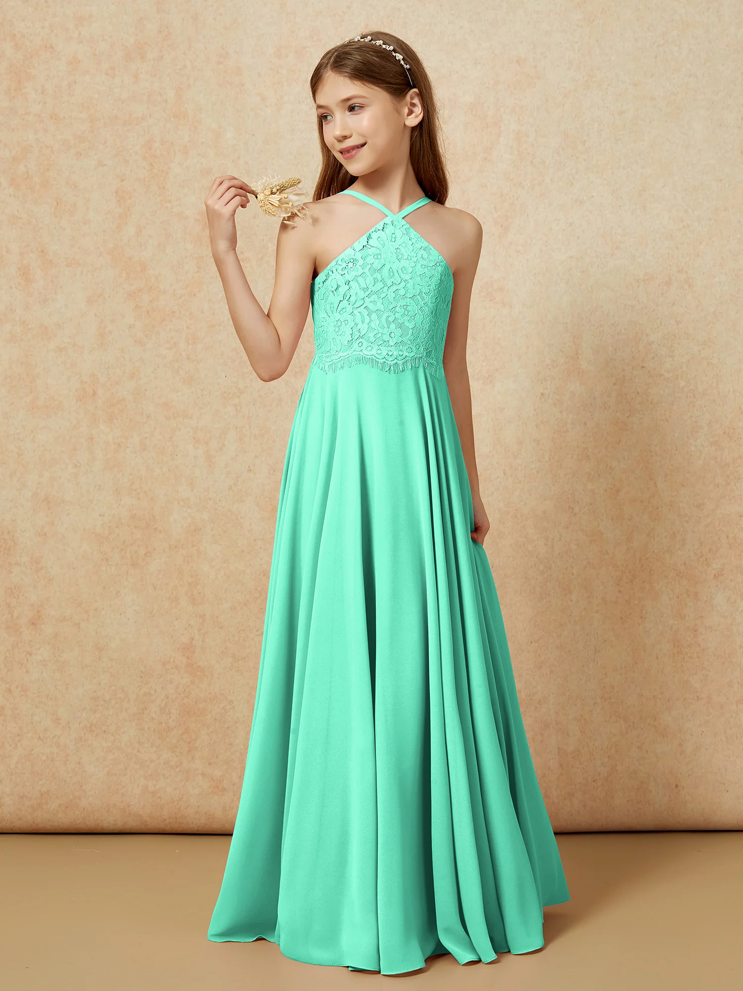 Halter Lace Top Long Chiffon Junior Bridesmaid Dress Turquoise - Image 3
