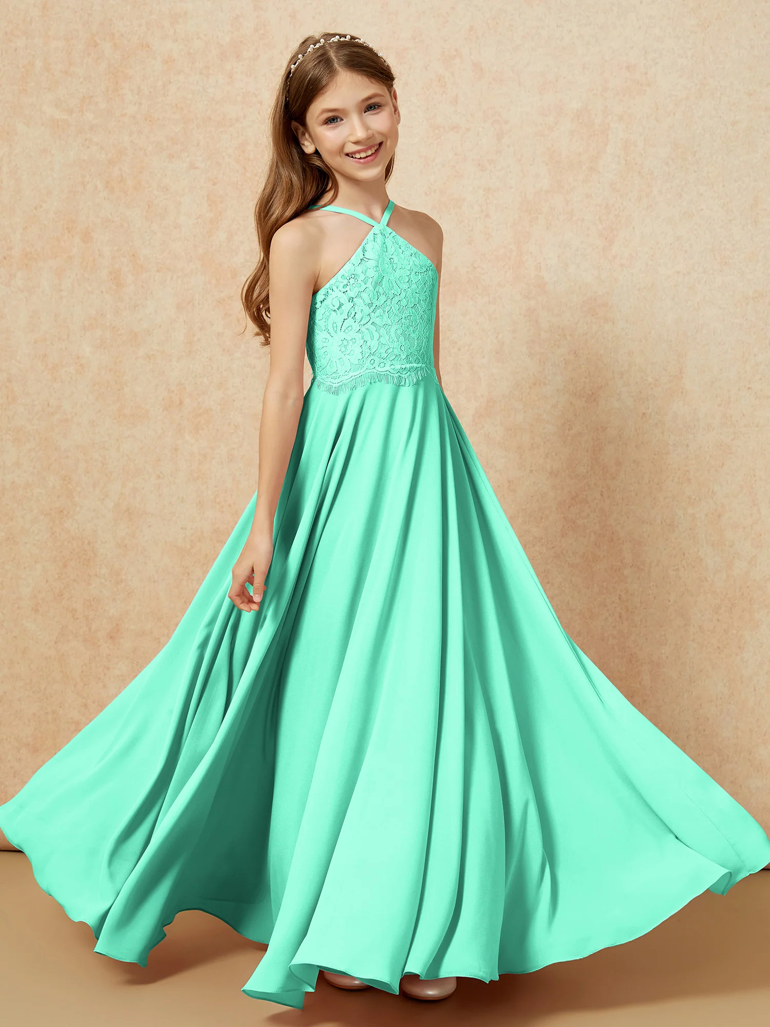 Halter Lace Top Long Chiffon Junior Bridesmaid Dress Turquoise - Image 4