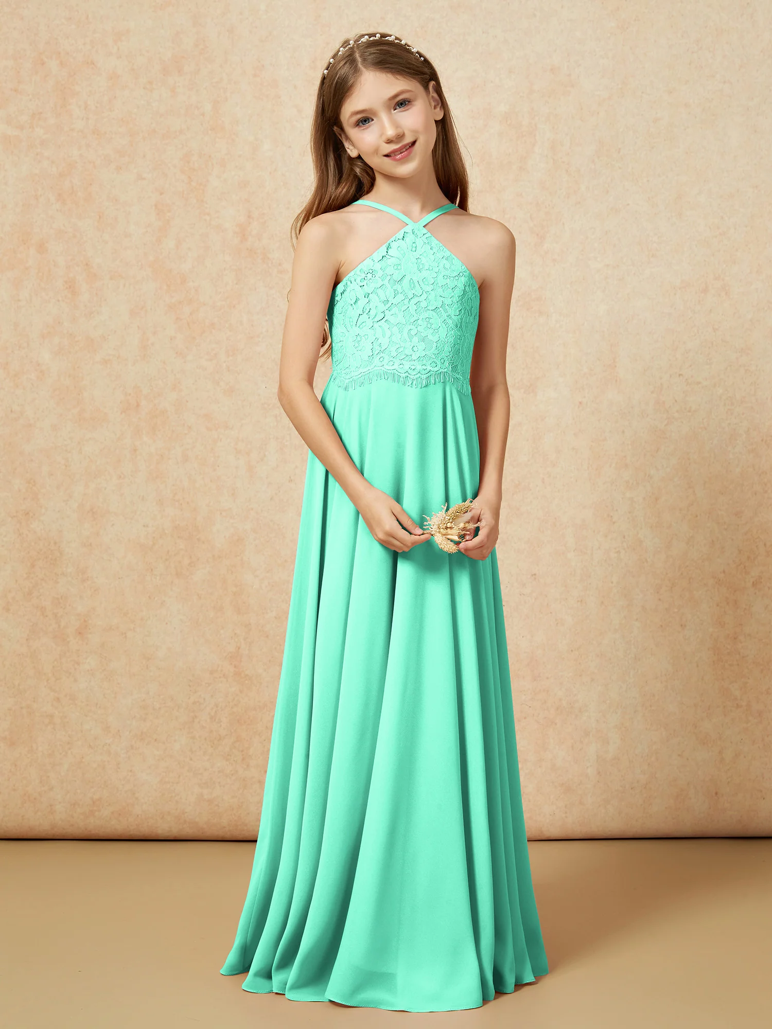 Halter Lace Top Long Chiffon Junior Bridesmaid Dress Turquoise - Image 5