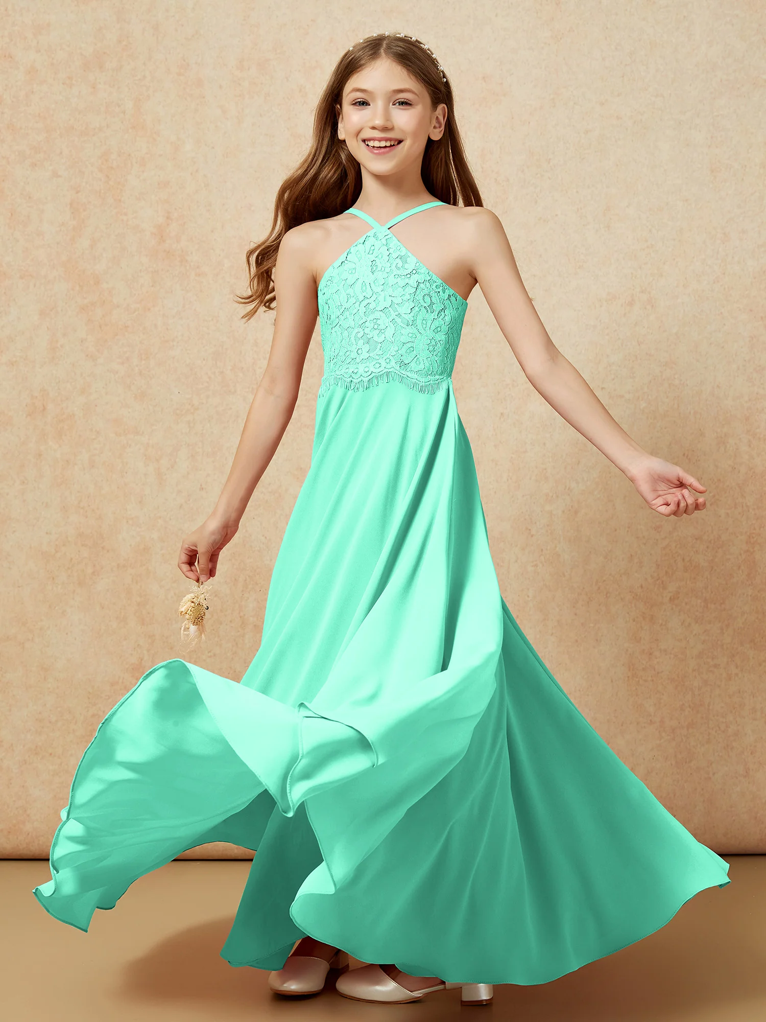 Halter Lace Top Long Chiffon Junior Bridesmaid Dress Turquoise - Image 6